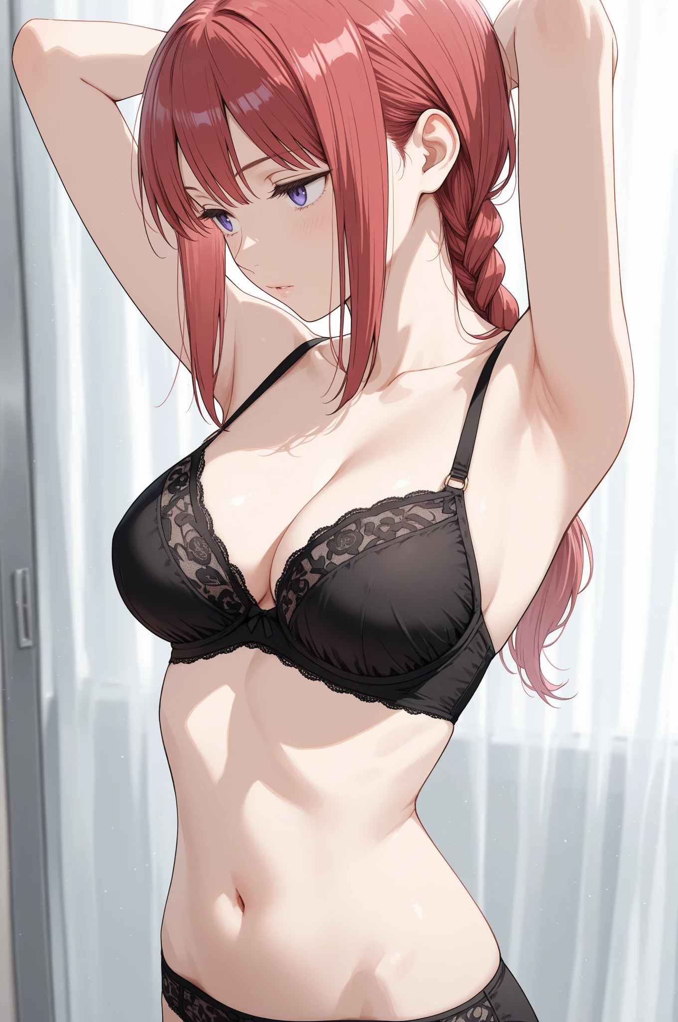 An anime girl with red hair and blue eyes wearing a skirt and an open shirt revealing a black and red bra