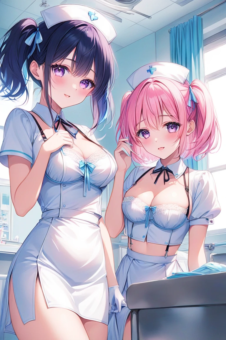 realisitic、top-quality、2girls 、Cat's ears、Nurse Cap, looking at viewer, Pink short hair , Brown medium hair , (shy) , (heart shaped pupils) orgasm , Purple Sequin Bikini, Lace gloves、Big breasts, all-fours