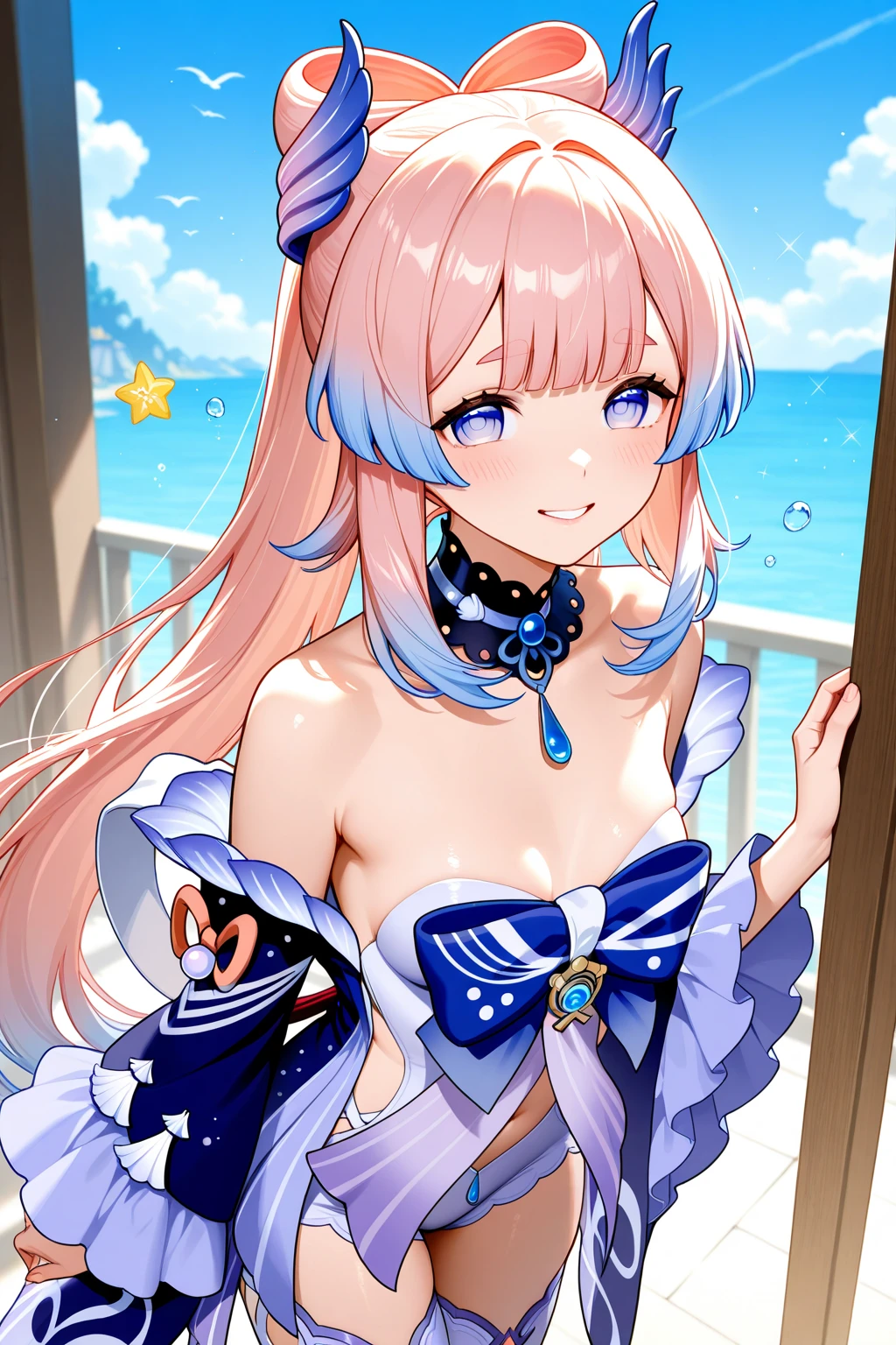 <lora:houk1se1_LORA:0.9>, 1girl, (kokomi:0.6), sangonomiya kokomi, blurry, beach, (masterpiece:1.0), (best quality:1.0), (8k wallpaper:1.0), extremely delicate and beautiful, (beautiful detailed face:1.0), (detailed deep eyes), symmetrical breasts, deep eyes,