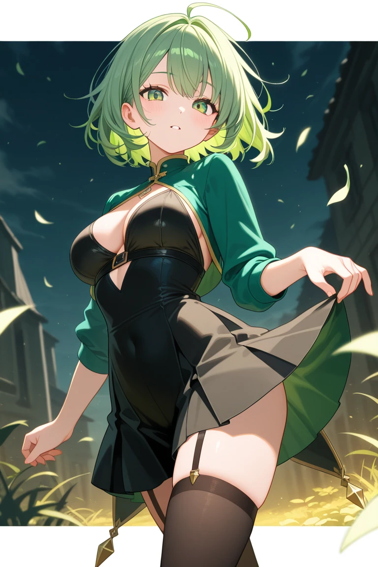 Cute girl, short green hair, blue eyes, cat ears, gold bracelet, lightning sign in her hand, above a black cloud, big breasts, exposed belly