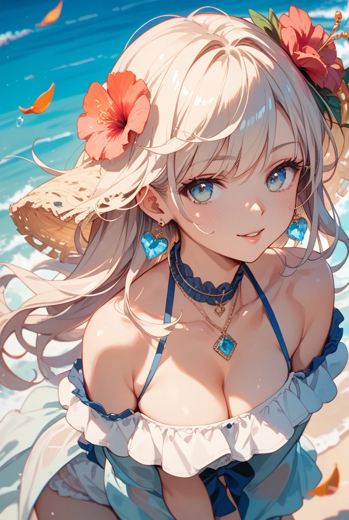 One Girl, long tied brunette hair, smile, blue eyes, Wink, View your audience, Wear a bikini, flower straw hat, (Beach), (sunset), evening, masterpiece, 8K, Perfect lighting, Perfect outfit, Perfect Anatomy, Perfect Eyes, Perfect Face, Sharp resolution, (Face close-up)