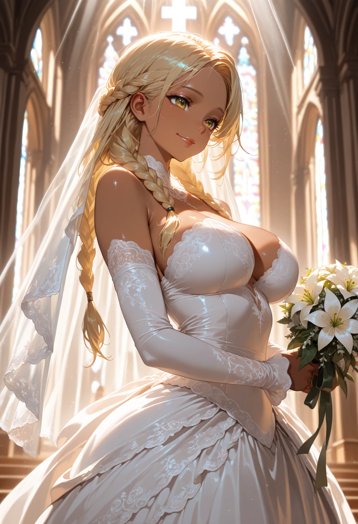 Beautiful gray hair woman is shown to have a sexy figure. She is wearing a beautiful detailed wedding dress , jewelry, holding a bouquet of flowers, she has yellow eyes, Girl standing in a church aisle, sexy session, front facing viewer, cowboy shot, superior quality, many details, realistic