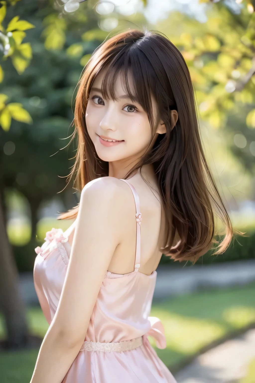 Japanese model taking pictures wearing pink dress, beautiful woman, Soft pink silk dress,Staring at the camera、Beautiful and detailed eyes、cute smile、soft and gentle expression