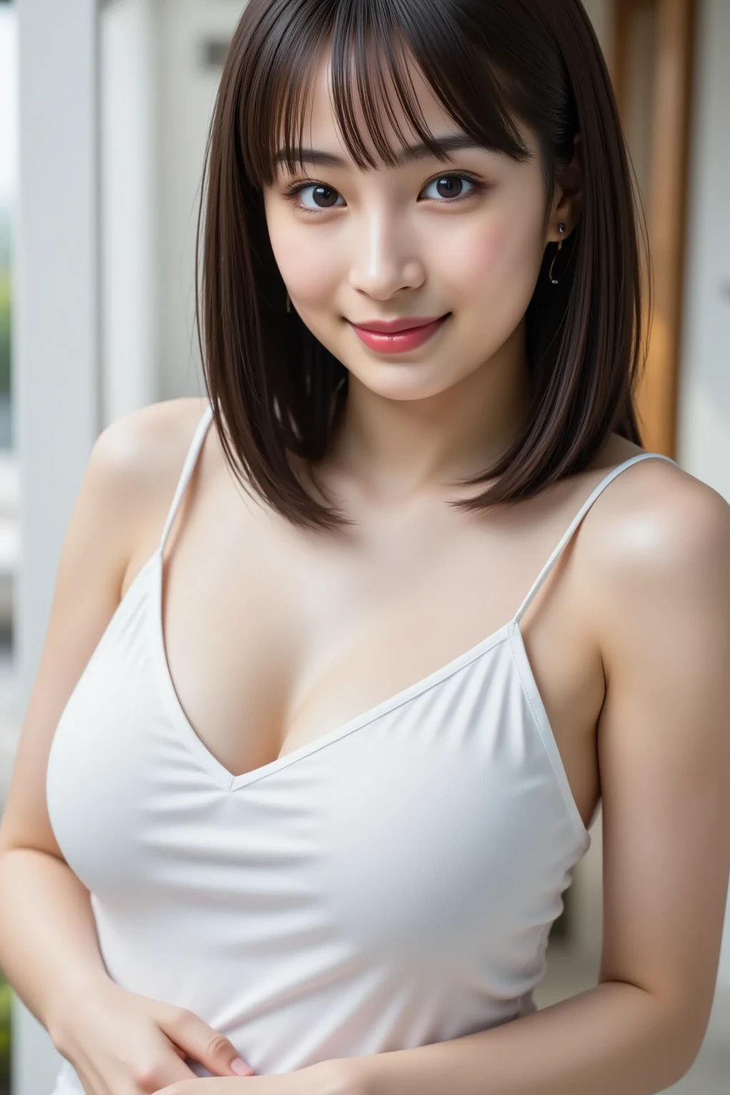 Black hair, hair bobbles, longeyelashes, Solid Circle Eyes,(( lightsmile)), Mole under the eyes, Cute earrings,Shy, puckered lips, surrealism, drop shadow, stereograms, POV, Atmospheric perspective, depth of fields, One-person viewpoint, F/1.8, 8K, Super Detail, ccurate, Best Quality, hight resolution, Best Quality,Full body,short cut hair,bikini,(large full breasts:1.5),from the thighs up,