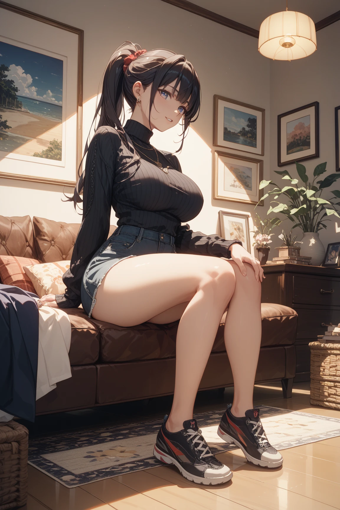 Amazing portrait of a sultry and stunning woman with a captivating gaze and flawless makeup she's your childhood best friend who had a glow up wearing a black tank top and black short shorts showcasing her alluring figure including her thick thighs and wide hips emanating a provocative aura