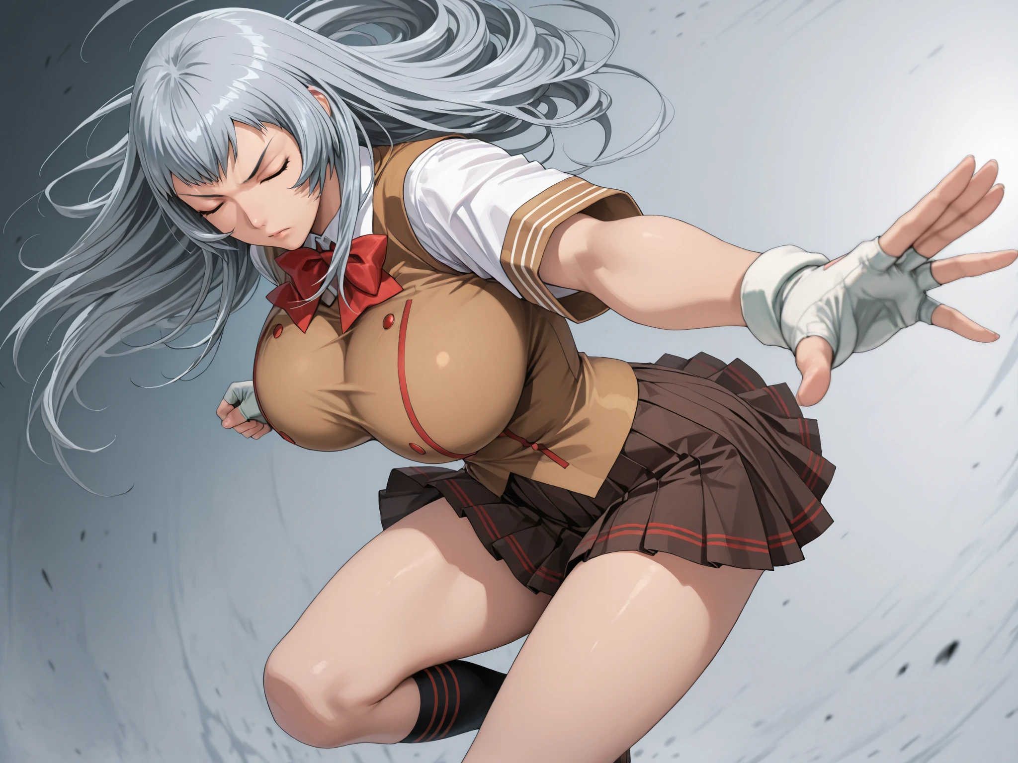 1girl, good anatomy, masterpiece, best quality,realistic, hyperrealistic, 16k hdr,shiryuuwz,school uniform, pleated skirt, ultra miniskirt,fingerless gloves, short sleeves, bowtie, shirt, black socks, shoes, loafers,perfect face, nice eyes and face, textured skin, absurdres, grey hair, green eyes, shiny hair, long hair, very long hair, shiny, shiny skin, large breasts,(closed eyes:1.3), standing, outdoors, (strong wind:1.2), levitation hair, natural light,from below,(micro panties:1.2),spread legs,cameltoe,(sweat:1.1),(dynamic fighting pose:1.3),(holding sword:1.1),
