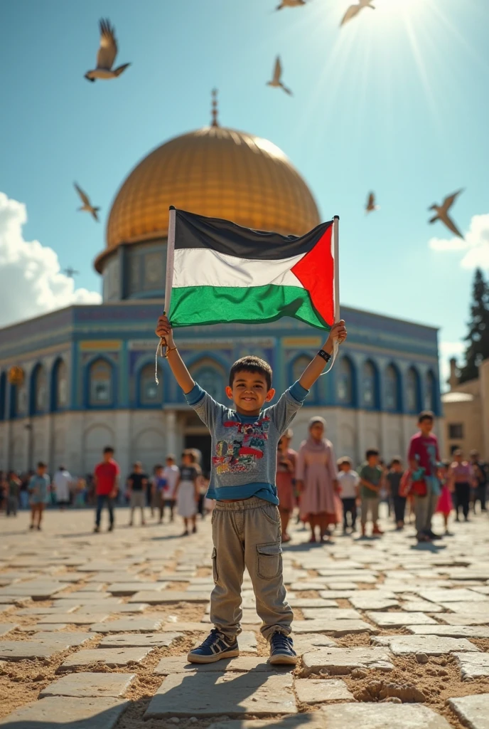 Beautiful Morning with Palestinian child in hand his flag in war time front of masid al aqsa hyper realistic