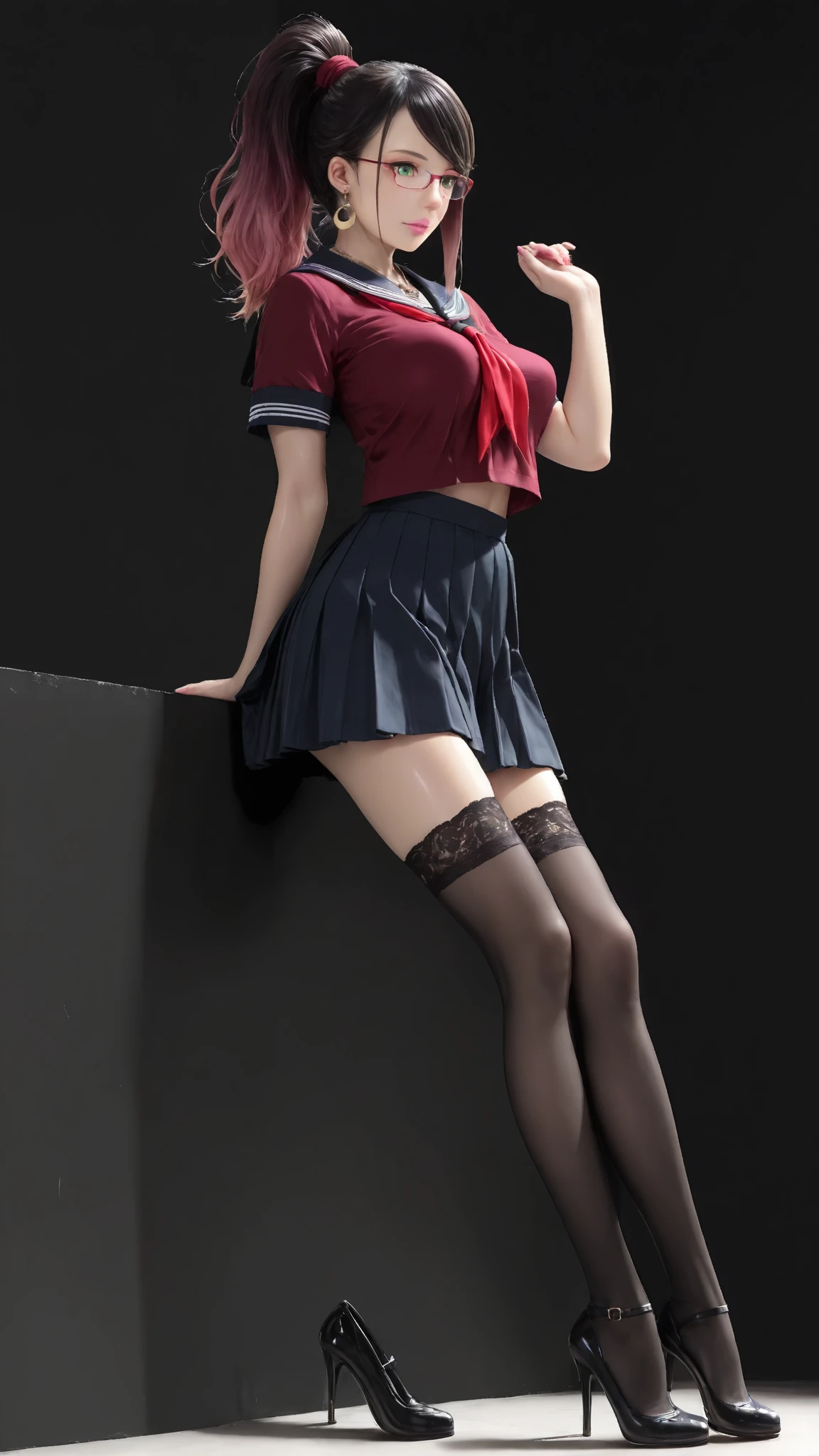 High image, Super Detail, High resolution, Anime, Manga, Illustration, Black Knee High Socks, thighs, Flared Mini Skirt, Beautiful  woman, Amorous expression, Seductive look, Laugh mischievously, Happy, Shy, Red lips, Half mouthful, Sparkling blue eyes,  small breasts, perfectly proportions, slender, jenna coleman, upskirt