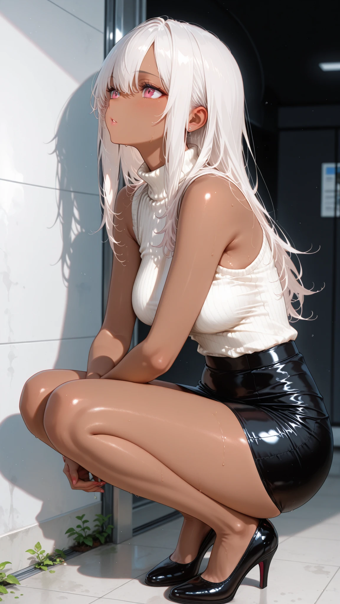 （dark skin,Silver Hair,Fox Girl）,(Perfectly detailed face),(Young) ,(camisole,mini skirt),(((m legs,))), (((Black underwear))),cameltoe,garden,noon,sweaty,Smirk,High resolution, masterpiece, Highest quality, High resolution