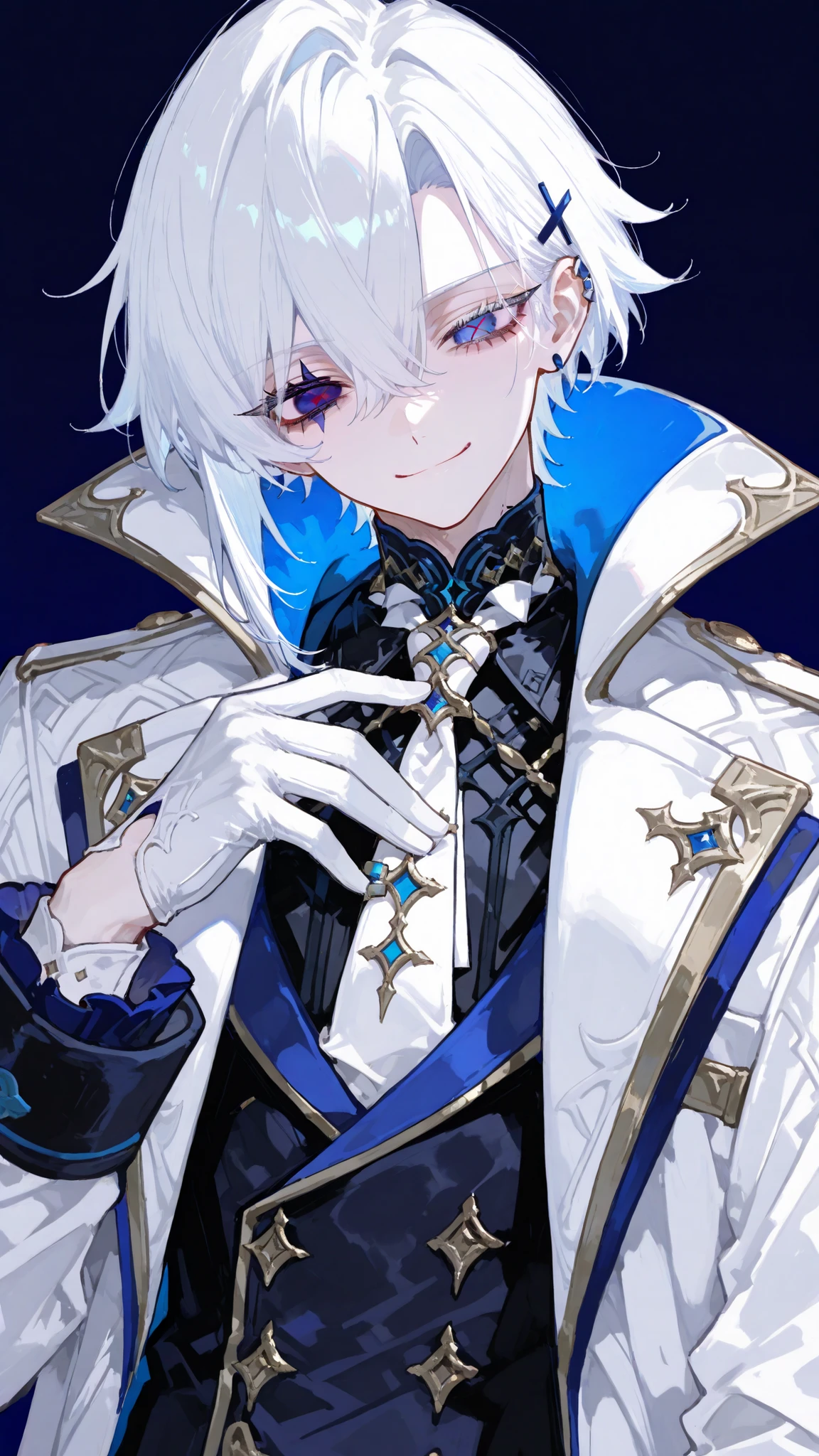 Male,white hair,My hair is very short.,Krian hair ,in blue eyes, Dark blue colour eyes,,Underline,Coat,Shirtพับปก,Long Eyelashes, clip ear human, High Collar, white hair,Coatสีเทาดำ, coat black,,face shape,Chopped,upper body shape,standing,white background, X-shaped eye,Big eyes, teen,Shirt,White tie,handsome,smile,trousers, white gloves,white sofa,