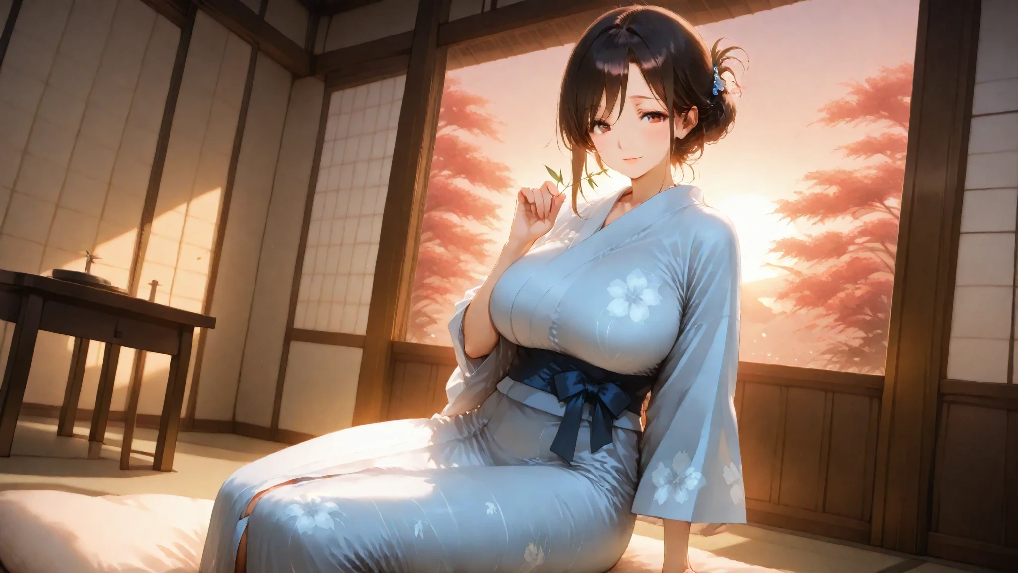 UHD, retina, masterpiece, accurate, anatomically correct, anatomically correct, textured skin, super detail, high details, high quality, award winning, best quality, highres, Camera angle looking down from above。Sit back in a reclining chair、A beautiful woman with big breasts and fox ears stretches her legs and relaxes, gazing into the distance。Kimono with off-the-shoulder sleeves and skirt。hair ornaments、Earrings、necklace。