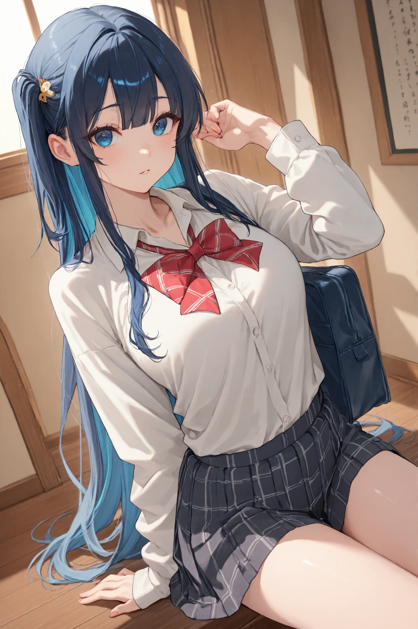 Best Quality,masutepiece,fullnude，look down on, Upper body,lightblue hair，Strands of hair,Fair skin,‎Classroom，tiny chest、Cardigan，Take off your uniform, Bow, Red bow, Long sleeves, Shirt, Collared shirt, White shirt, Skirt, Pleated skirt, Black skirt, tiny chest、looking at the viewers, BREAK (masutepiece:1.2), Best Quality, High resolution, Unity 8k壁纸, (Illustration:0.8), (Beautiful detailed eyes:1.6), extra detailed face, Perfect Lighting, extremely details CG, (Perfect hands, Perfect Anatomy),A smile、(Skirt lift:1.3), (white  panties:1.3)、(Skirt that rolls up:1.3)、(Fully exposed panties:1.5)