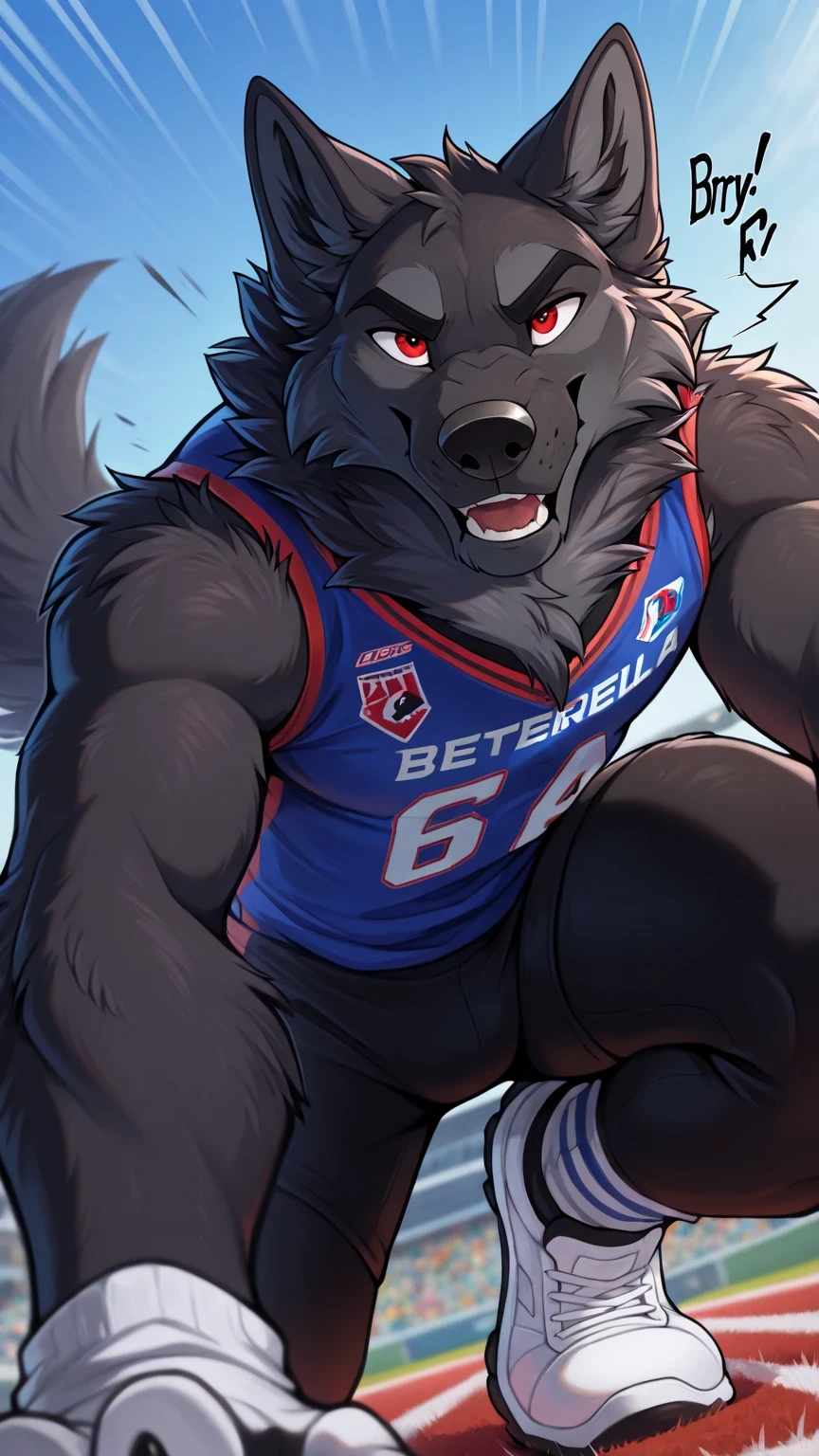 depth of field, de Lobo con Red Eyes, eye Reflections, Reflections,   Dutch angle, anthropoid, adult, byry, without humans, cola, sound effect, Close-up,   sound effect, lines of movement,   swimsuit by ango76  ,    masterpiece, better quality, incredible quality, very aesthetic, absurdres, newest,  anthropoid, mammal, a child, Clothes, Alone, byry, byry Macho, sexist approach , Red Eyes,Hairy Male Black Wolf,, by, action posture, claws,  animal ears, High Resolution, blue football jersey,  black lycra american football tights, white sneakers, wolf tail, in front