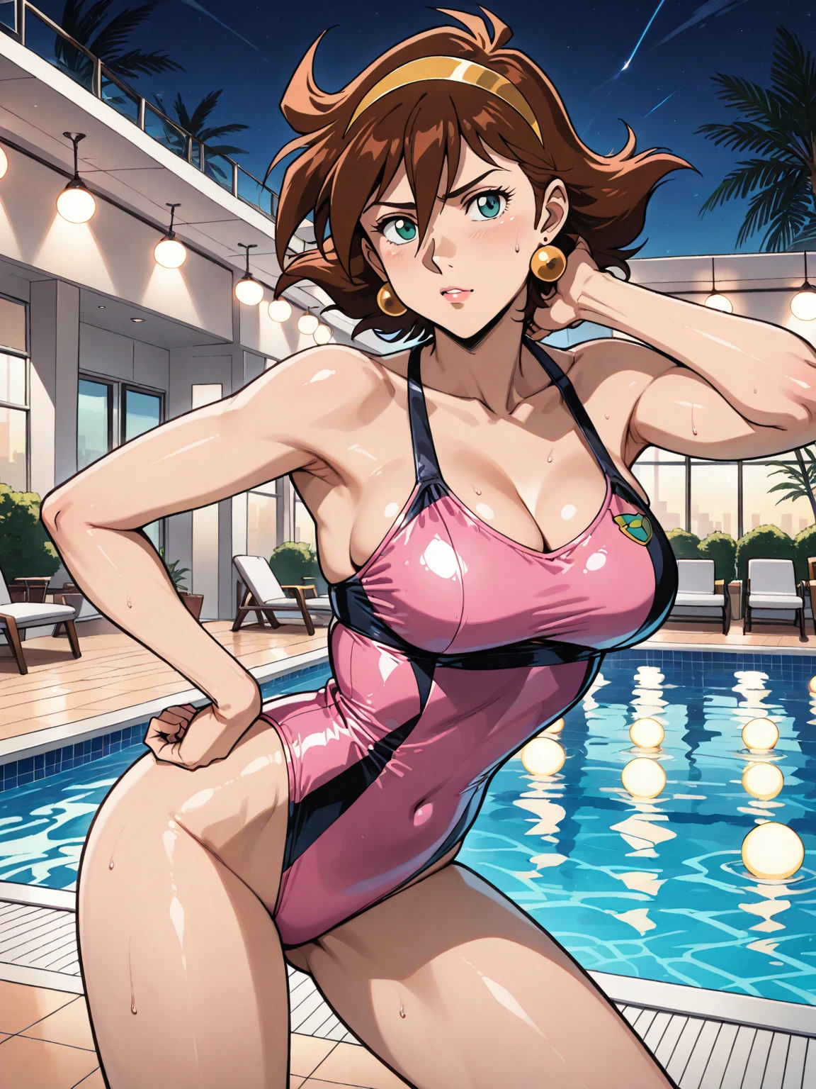 (melhor qualidade:1.3), (qualidade 4K), lisarnd, ((detailed face)), ((curvy body)), (peitos grandes), clivagem, sexy, ((bikini latex)), ((pool)), ((pov: back))