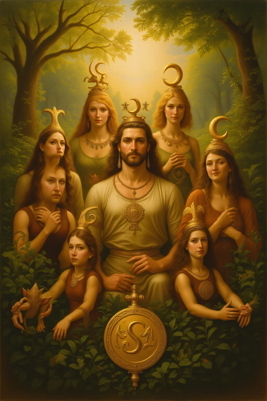 image of a gigantic white-haired man devouring his children, epic scene of zeus, digital painting greek myth, battle between good and evil, greek mythology, characters from greek mythology, greek gods, classical greek mythology, greek dark myth, dramatic art, thunderous battle, godrays digital painting, as an offering to zeus, art mythology, epic mythology,  long curly hair, blonde, floral frame, decorative panels, abstract artistic, by Alphonse Mucha (masterpiece, best quality, high resolution: 1.4), detailed, intricate details, 4K, color splashes, line art, fibonacci , --auto --s2
