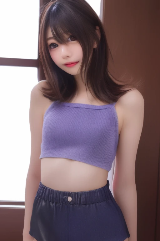 masterpiece、highest quality、16k、High resolution、超High resolution，Very detailed、Soft Light、Professional Lighting、Pale shading、Low contrast、Japanese、beautiful girl、Slender women、daytime office、Window seat、sitting in front of a computer、(Knitwear that fits snugly around the breasts(Grayish light purple))、Shoulder drops、Navy Pleated Skirt、Small Mouth、(Beautiful thighs:1.6）、(Large Breasts:1.4)、Underwear is visible、Breasts protruding、Fine and beautiful eyes、（Hanging eyes）、（Thin eyebrows）、（Thin lips）、sad、(Long Wavy Hair、High Ponytail),(Asymmetrical bangs)、