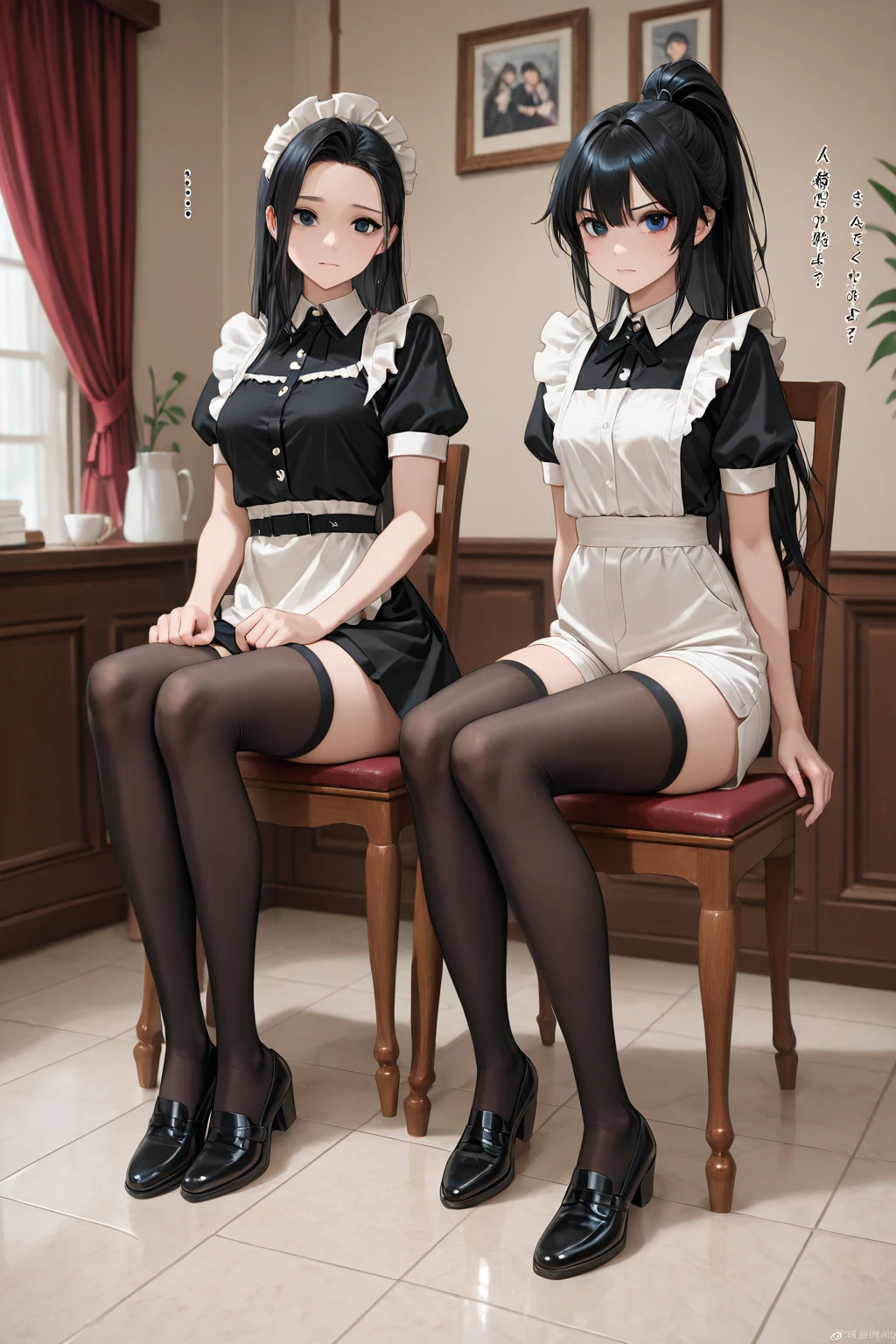 masterpiece,(bestquality),highlydetailed,ultra-detailed,2girls,asian,black hair,breasts,cleavage,high heels,lips,long hair,looking at viewer,medium breasts,mole,multiple girls,pantyhose,photo (medium),realistic,sitting,skirt,standing,wooden floor