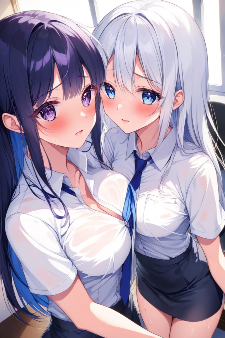Anime Moe Art Style,Highest quality,High resolution,Anatomically correct,Multiple Girls,Mid-teens,color々Girl with a hairstyle,A lady-like girl,Super detailed,Big Breasts,Shiny skin,Beautiful Skin,A rich expression,A big smile,high school girl,Undressing,Nipples are visible,I can see the shorts,classroom,Naked upper body,Pleated skirt,mini skirt,sexy,Eyes drawn in detail,8k