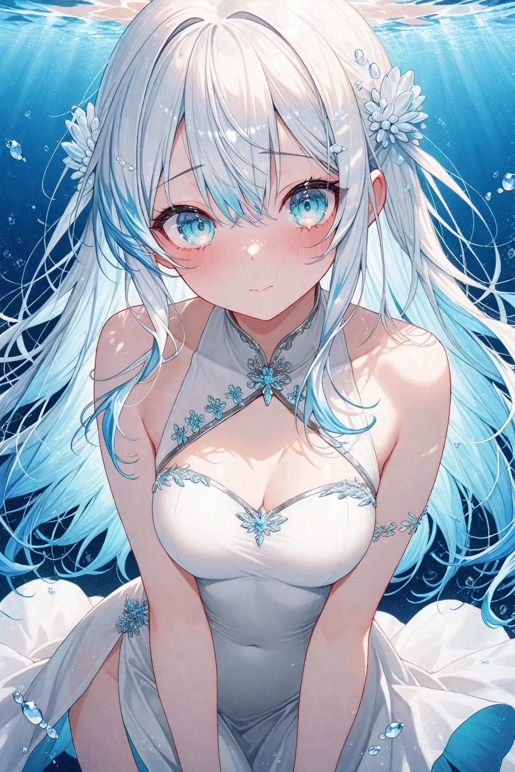 1 girl, White fluffy bikini, (((Wet))), White Room, Cinema Lighting, Hot room, Beautiful long neck, choker,relax, Raise your knees:1.5, Sleepy milky white face, White micro bikini, Beautiful long thighs, Pale skin, beautiful thin face、Nap time , Detailed Hair, (Beautiful big round eyes), (The extremely complex pupil in the eye, Shining Eyes), Lips parted, cute, cute, ( Flat Chest), thin, (Very delicate and beautiful skin), Very detailed costume, Perfect Anatomy, Dynamic Angle, break (masterpiece, Highest quality), (Ultra high definition 8K), (Perfect design), Absurd, High resolution, ((blush)), (Ultra-fine illustrations), ((light blue Long Hair))), 10 years old, Long Hair ((blush)), masterpiece, Highest quality, (wonderful, Beautiful attention to detail, Blunt bangs),、(最High resolution、clear_image) Highest quality、(((Transparency)))、Light and shadow contrast、Simple Background、((Soaring blue petals))、((Enlighten))、Very detailed、Semi-realistic、((compensate)),Braided Hairstyles、Expressionless、((White shirt))、((View from above))、Delicate facial features、Facial Features、Like the whole body、