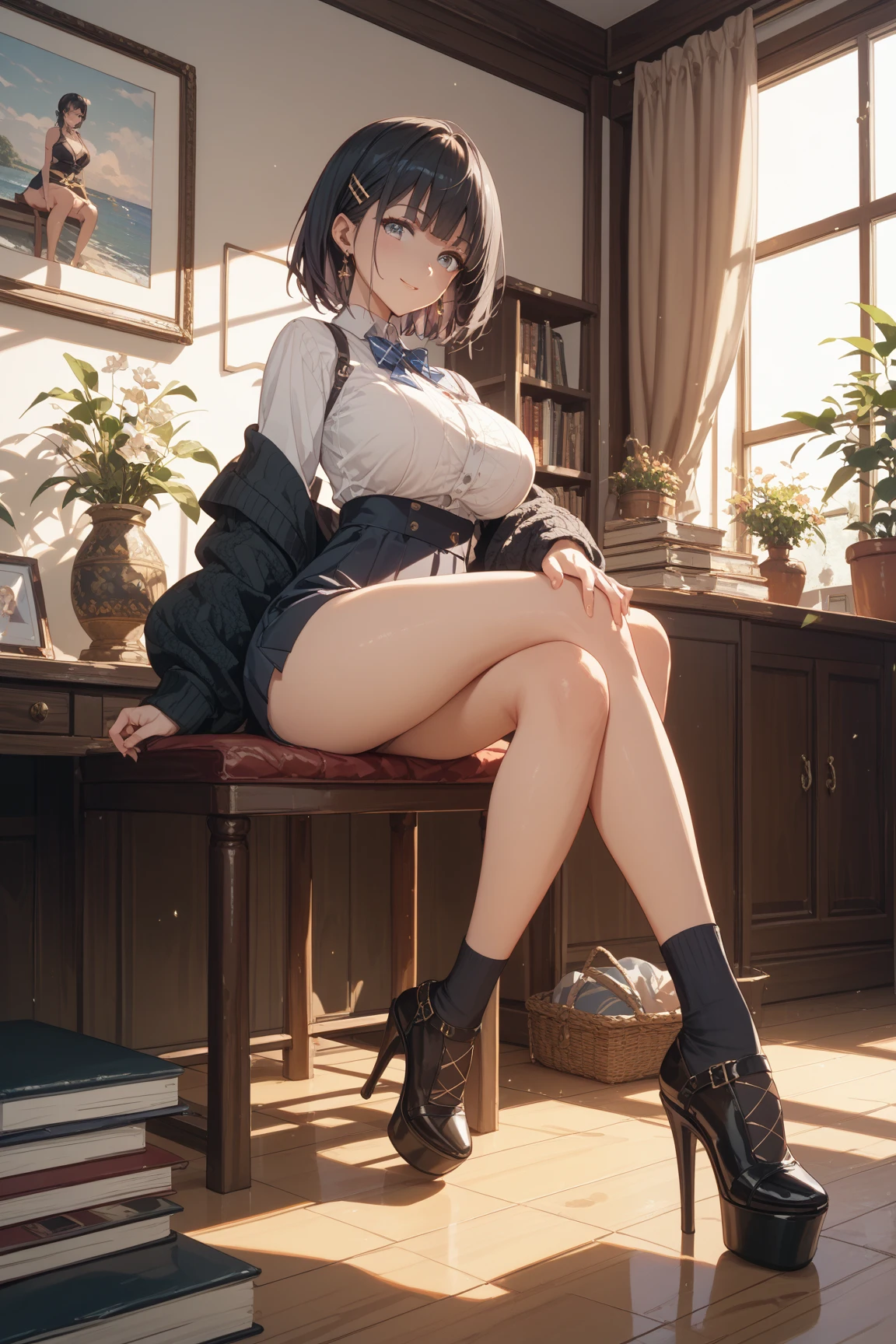 nsfw, Japanese Female college student Sleeveless knitwear pantyhose sitting on a chair showing legs in panties Showing armpits