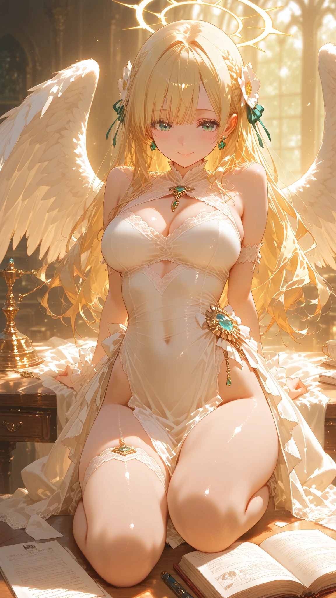 masterpiece, best quality, shadows, best light, dynamic angle, 1 girl, pretty angel, blonde long hair, sexy dress, wings, seductive smile, flirty, intense gaze, soft lips, long eyelashes, devil, perfect anatomy, looking at the viewer, pretty face, ass, breast, thighs, nsfw,