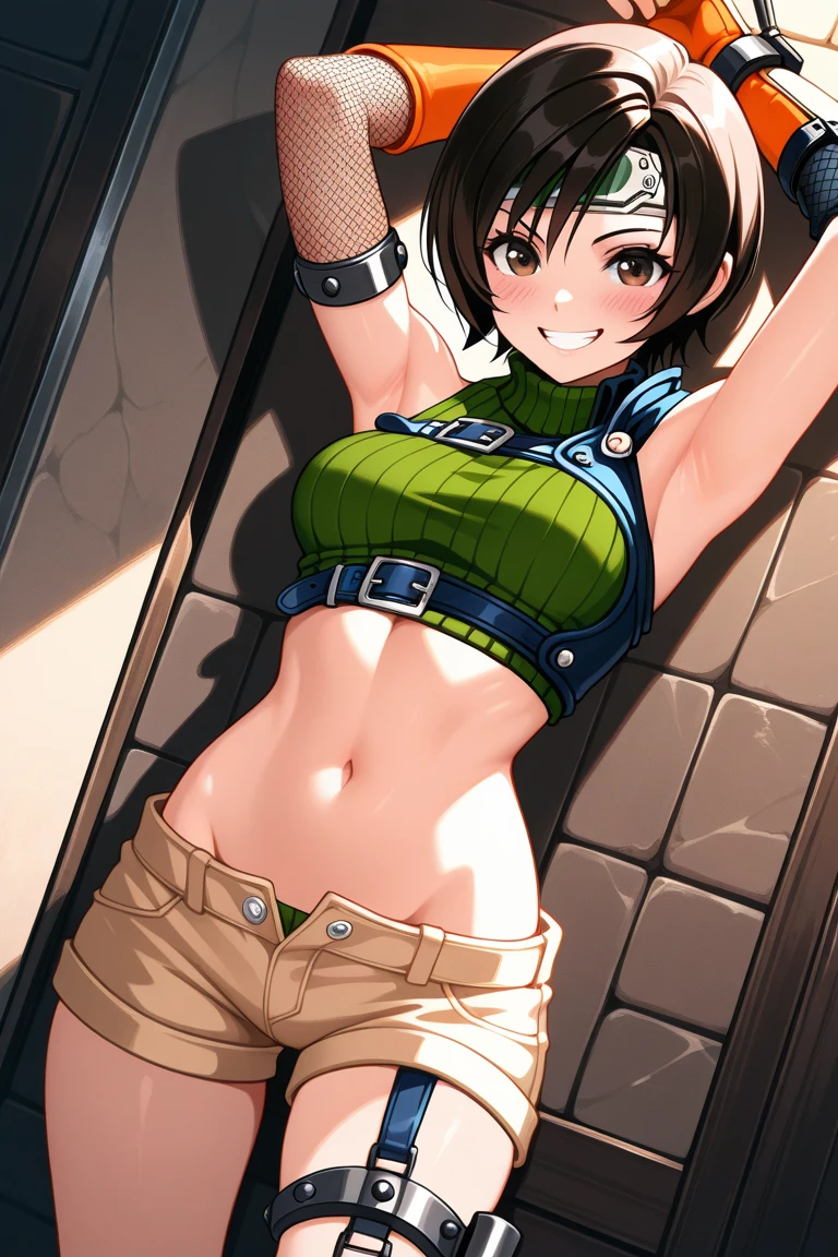 asuka kazama,1girl,solo,black pants,blue shirt,sleeveless,medium breasts,heavy blush,(brown eyes:1.2),((arms up)), sweat, sweaty, no bra, nipple hard, smile
