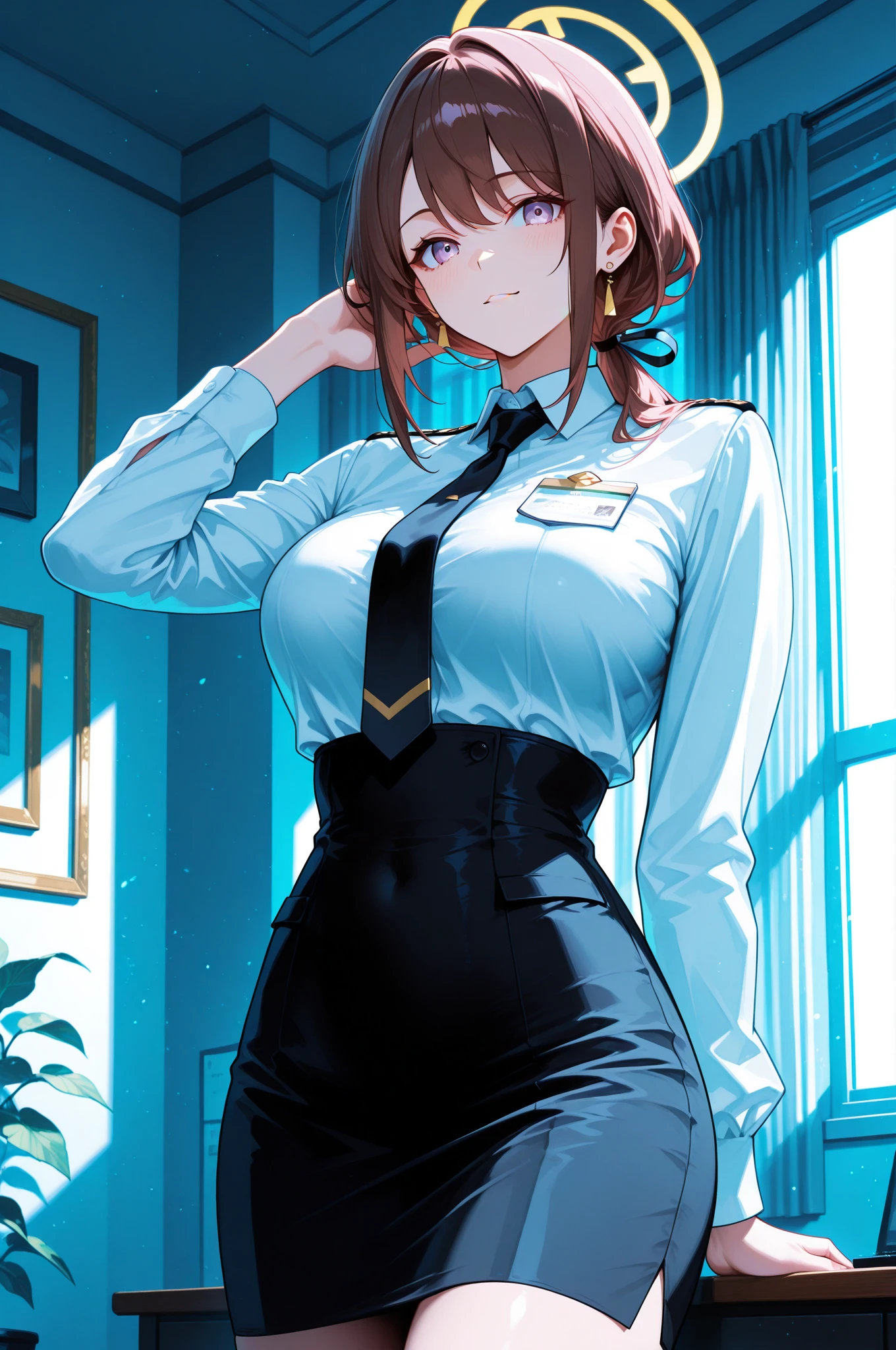 A beautiful police officer with short brown hair who loves masturbation、During masturbation、nsfw、Half naked、Miniskirt、