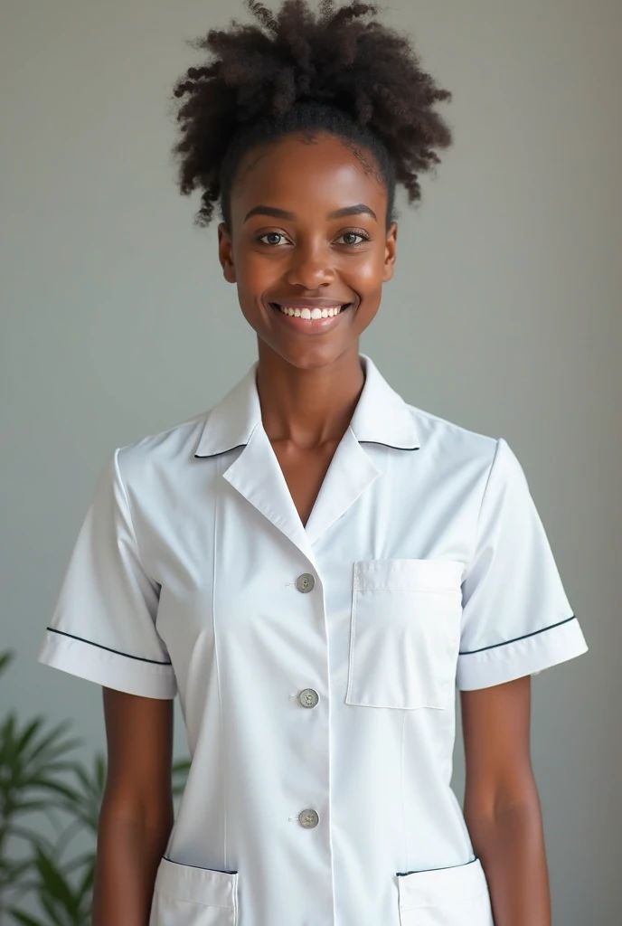 The massage therapist afro woman. smiling. white nurse jumpsuit. Realistic photo. 50/50 1girl. high quality, real photo. 4k.