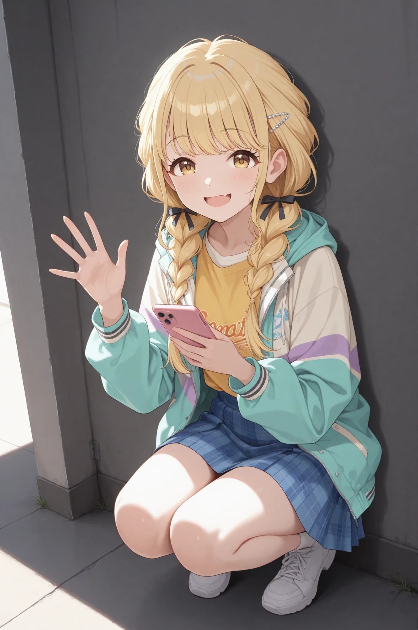 1girl,fujita kotone,gakuen idolmaster,safe,skin fang,yellow eyes,blonde hair,long hair,twin braids,hair ribbon,multicolored jacket,yellow shirt,blue plaid skirt,flat chest,smile,crouching,knees together,waving one hand,holding smartphone,looking at viewer,full body,in dance lesson room,against wall,under shade,masterpiece,high score,great score,newest,absurdres,highres,safe,very aesthetic,intricate details,vibrant,