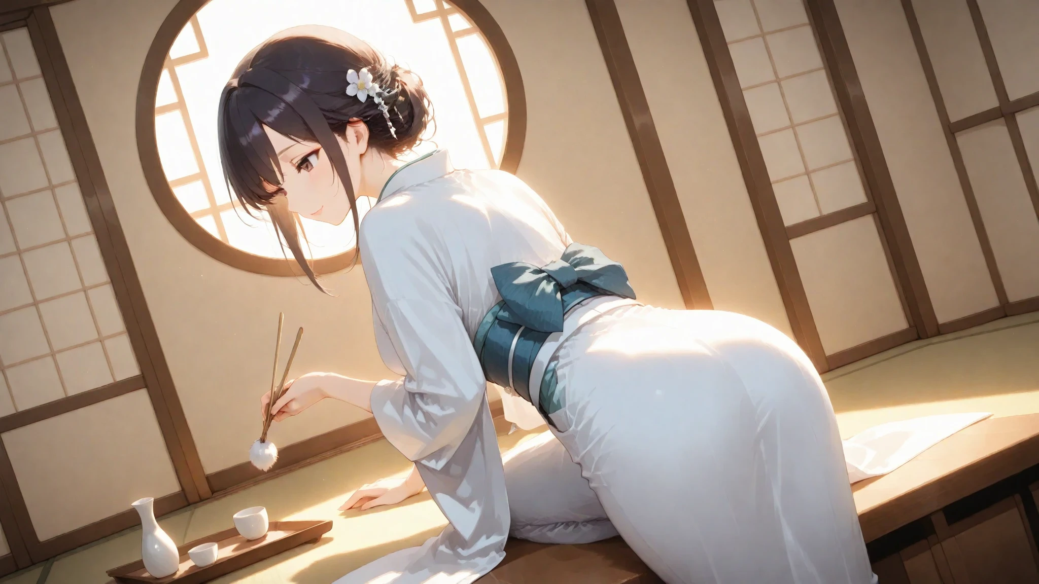 masterpiece, high quality, 4K, Beautiful design, silhouette，bionde， Very detailed，japanese house， wonderful, Finer details,  Very knowledgeable woman, Very detailedなソロ, 1 female,Big Breasts，Butt，Underwear Line，Yukata in white color，cooking，（Sitting on the toilet），（Sitting on the toilet正在上马桶），（Ass Focus）