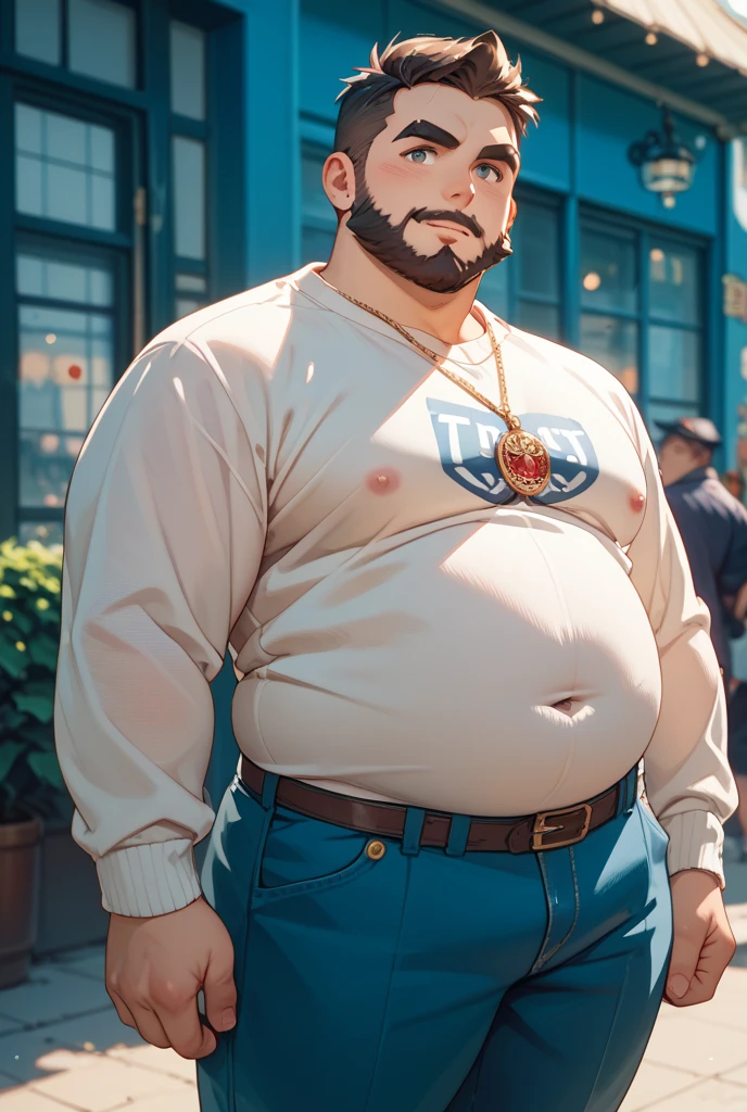 Very large body、Bald、wears sunglasses、Crisp look、Tank Tops、Muscles are visible even through clothes、Crotch with bulge、a necklace、Big Gold Bracelet、earrings plump body、sexy  pose、White beard、make you feel physically different、jacket and shoulders、composition looking up at him、Back lighting、There are people around、Masturbation