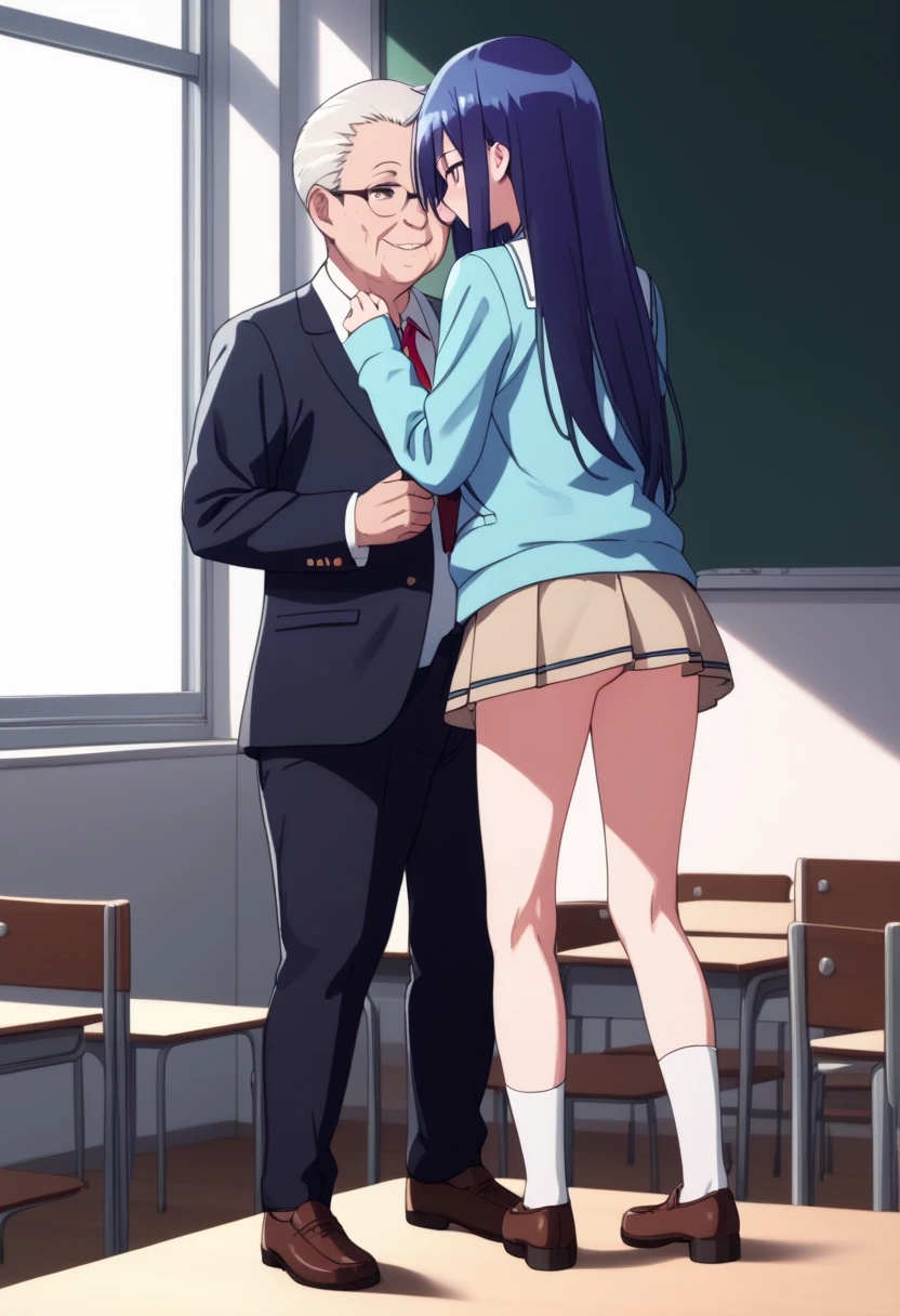 A 40-year-old man and Twilight Sparkle from the movie "Mlp equestria girls", twilight sparkle has an unbuttoned blouse, short skirt, black thigh high stockings, garter belt in each stocking, glasses, neckline. The lord is naked. The woman has sex with the man, the gentleman lifts twilight sparkle's skirt, the lord is behind her, The man puts his penis in her vagina. Full body both, In a room, sex between the 2. She lying face down , crying and shouting