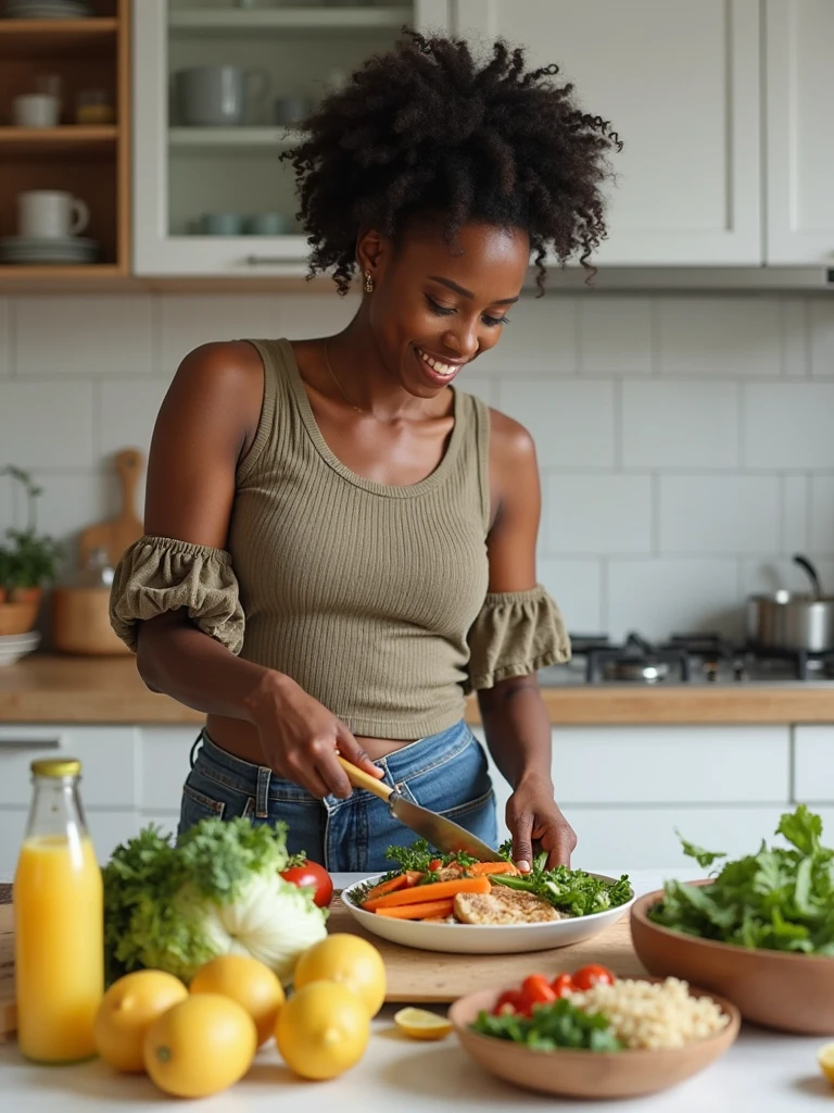 there is a black woman , the woman has curly black , she has brown skin, with dark brownish skin, with long curly, long black curly hydrated bouncy curls hair she is cooking salmon