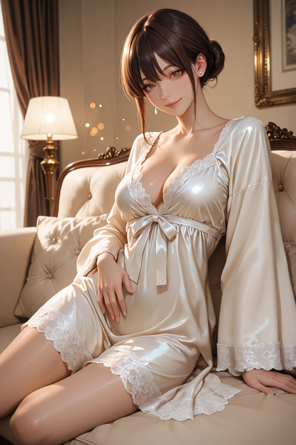 Excellent, masterpiece, bathroom, Asian, busty, slim, delicate makeup, delicate and delicate skin, perfect body proportions, wet dressing gown, wet body, low-cut dressing, shower, silky transparent dressing gown, seductive eyes, bangs, black hair, double ponytail, hands hidden behind the back
