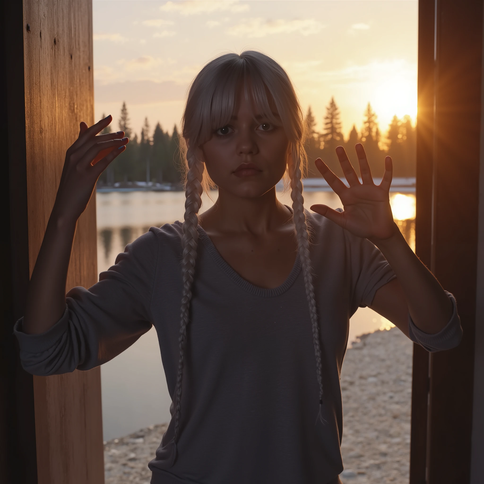 
(masterpiece, high quality, high resolution, Realistic photo, photo)  she has silver hair , in a gray shirt with a large neckline, doorway background, is standing on a lake in the forest, Sunset,  Sunny, She shows her muscles with her hands, photo from 1979, hairy arms, the sun is shining.