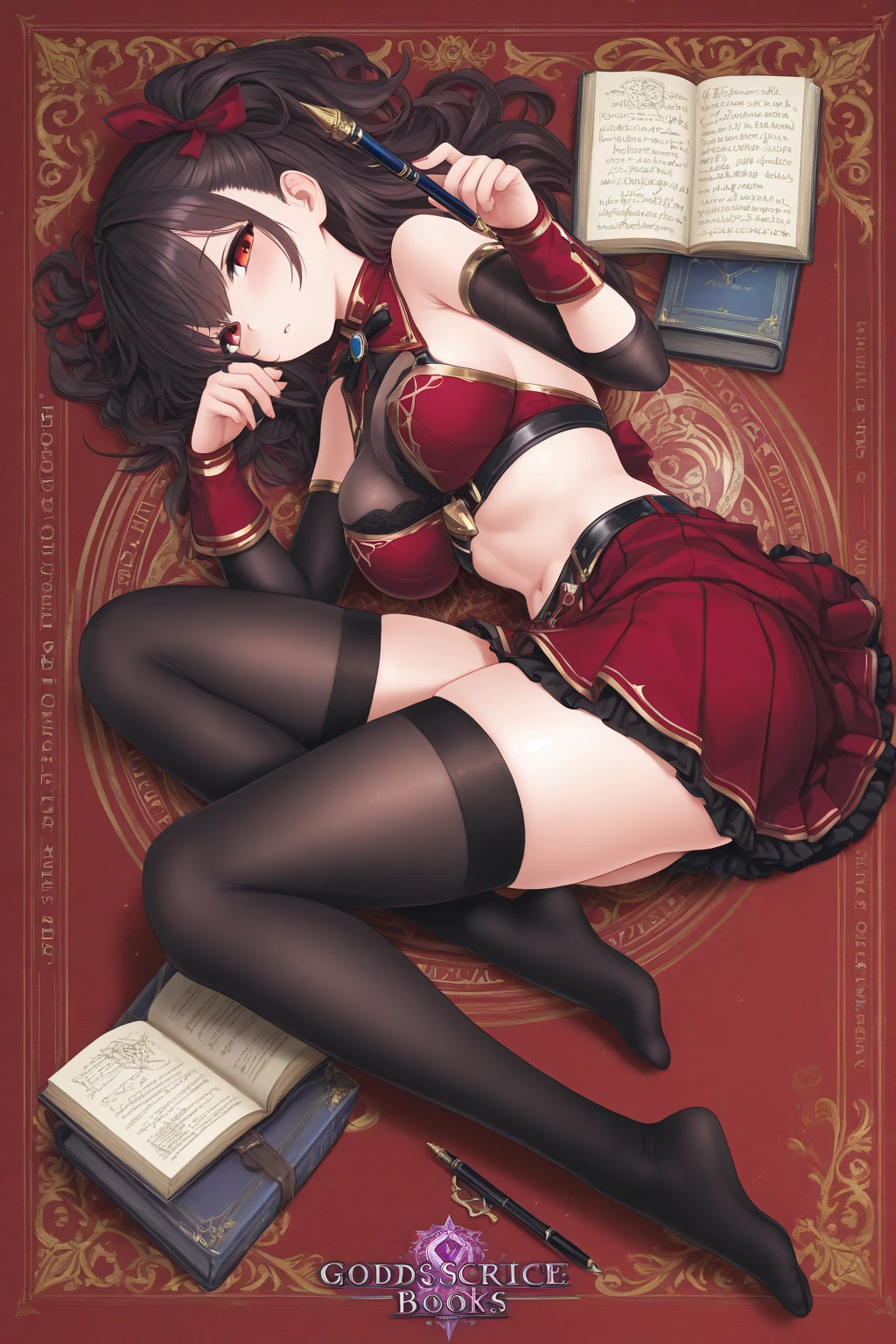 (masterpiece, best quality), best resolution, (3heads:1.5), 1girl, nanashi mumei, brown hair, ponytail, long hair, sitting down, (legs crossed:1.1), throne, dynamic angle, :D, (wide hips:1.3), (thick thighs:1.3), evil, red eyes, (brown wings:1.3), (smug), (evil grin:1.3), bratty