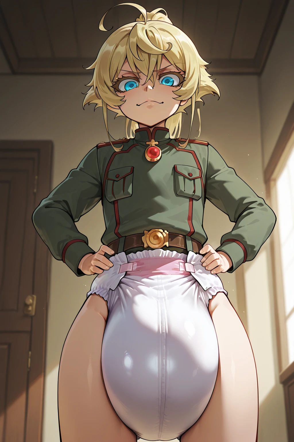 cute, small, short, flat, masterpiece, detailed, high quality, absurdres, Tanya Degurechaff, 1girl, solo, evil grin, curvy, military, military uniform, pussy peak, no panties