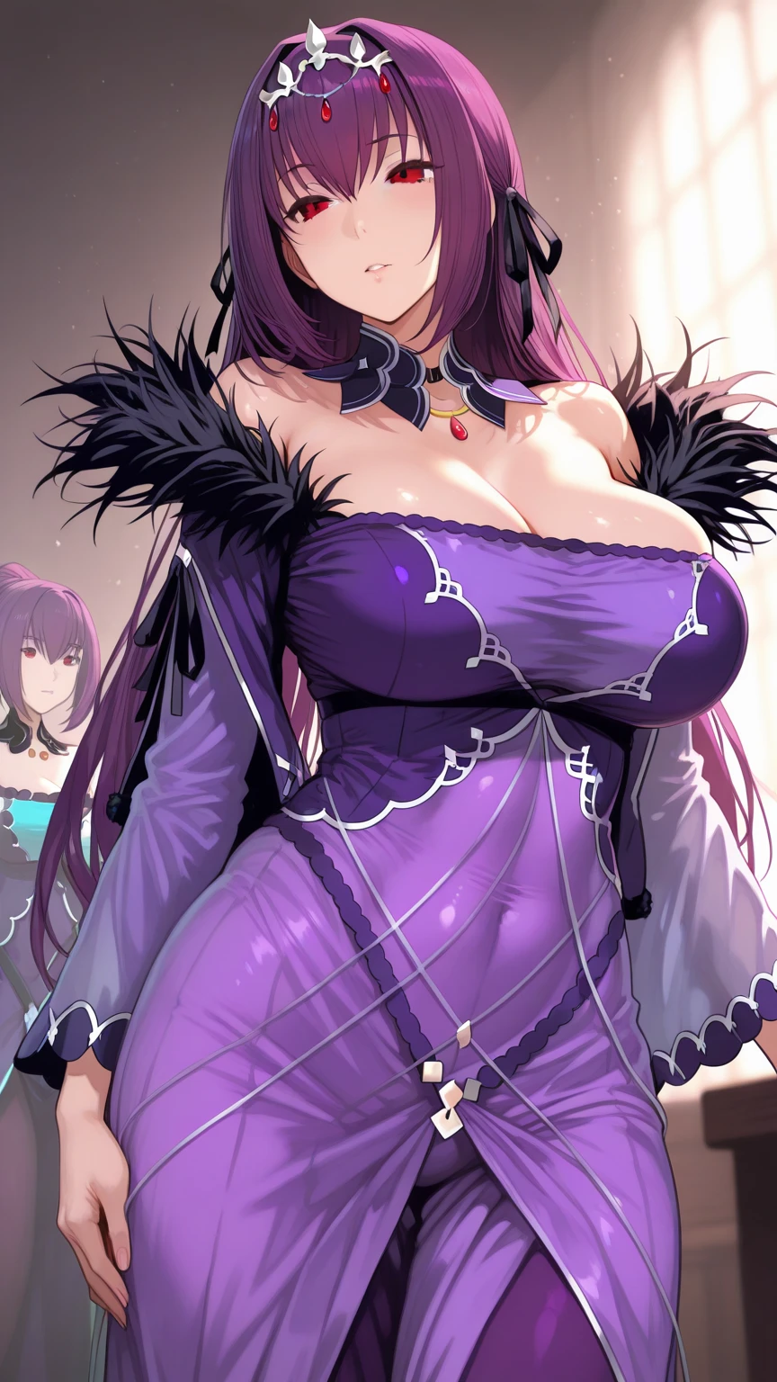 Wolf Girl, Large Breasts, Voluminous purple hair, masterpiece , Red eyes, hd, Thick thighs, Head to Chest, buried in my chest、Double teeth、tooth、Chubby、Grinning、Mini Chinese Dress、Big cleavage、Show your side