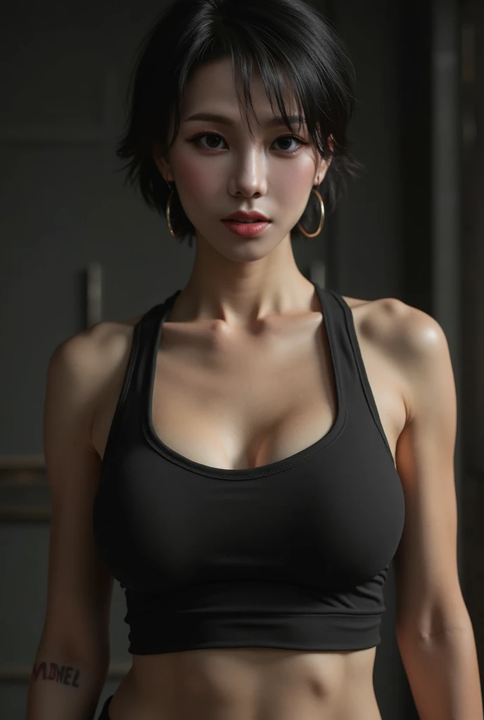 {{masterpiece, best quality, extremely detailed CG, unity 8k wallpaper, cinematic lighting, }}, Sony α7, wide frame, A short haired korean girl with cool pose and fierce expression, body facing straight to the camera.
