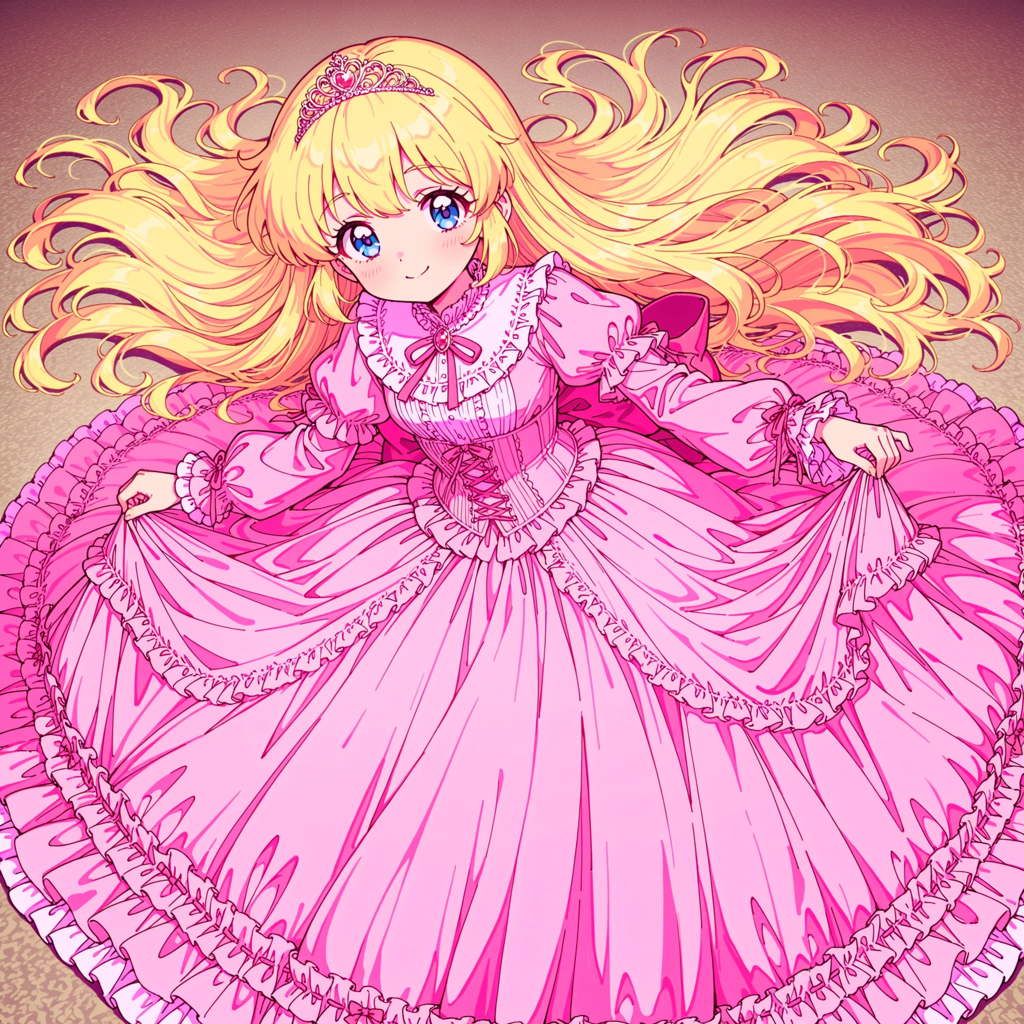 ((Lora:girls book story sdxl:1.1,retro anime,hi vision)),Lot of Cute Princesses,((wide view:1.5)),she is smiling,((pastel colors Silk Satin Victorian big Ball Gown Dress.:1.0)),detailsed cute face,long sleeves,The dress is decorated with lots of frills and ribbons., frilled yoke collar,detailed corset with ribbons,blond wave Long hair that reaches down to the waist,They are wearing princess tiara on the head,in the luxurious European rococo style palace,