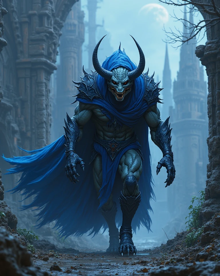 An ultra-high definition 8K wallpaper featuring a medium shot of Grim, portrayed as a terrifying masked blue krystal supervillain. Grim is clad in intricately textured, glowing armor made of blueethereal space fog, reminiscent of Marvel's high-detail costumes. The scene is dramatically lit, highlighting the fine details of the armor. The background is filled with a chaotic scene of a colossal mud monster and destroyed buildings, creating a vivid, action-packed atmosphere. The image boasts intricate details, a dramatic theme, and an overall sense of intense, high-stakes conflict.