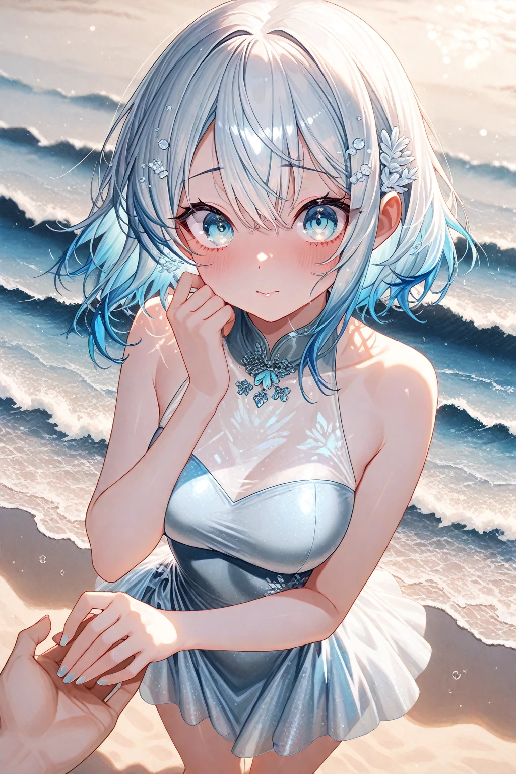 Best quality、Photorealistic、Ultra-detailed、delicate、Orderly、High Detail、Bluish Silver Short Bob、(Drooping heterochromia iris,glowing eyes、Sparkling Eyes:1.3)、Slender、(One girl:1.2)、(Super detailed, masterpiece, 8k, Angelic, 1 girl, Focus on the girl, dress, Wave, blue Ocean, Clear Color, bright, Ocean, transparent:1.3)、Ambient Occlusion、Ambient Light、Ray-traced Reflections、Glow、Shiny Hair、
