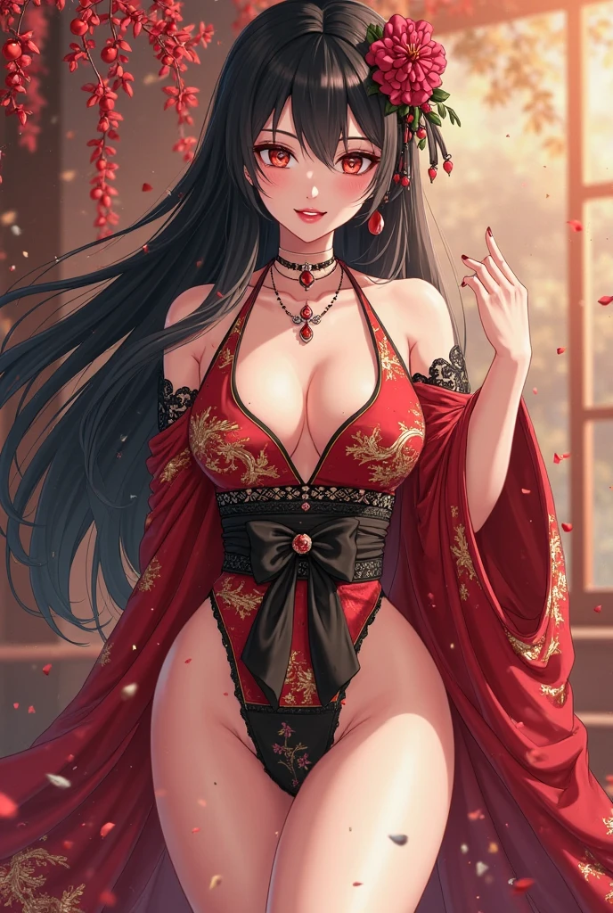 A digital illustration combining the serenity of a nude Hindu goddess with the malevolence of Japanese demonic yokai spirits embodying chaotic evil. The color palette is primarily monochromatic with bursts of vibrant, unnatural colors that signify the presence of the yokai spirit The figure has her ornate crown, indicative of divine status, merged with sinister elements such as horns or jagged edges associated with yokai. Her eyes have a wild, menacing look, with the glitch effect across them intensifying into chaotic digital patterns that suggest a loss of control or malevolent intent. Sharp fangs protrude from her mouth, and her hair is tangled and wild, suggesting a departure from her divine composure. The background incorporates both the precise schematics of technical blueprints and the abstract, swirling patterns that evoke the unpredictable nature of yokai. .. A digital illustration in the style of a modern Japanese manga. The character is a young woman with large expressive eyes and short black hair, dressed in a vibrant red kimono adorned with intricate golden patterns. She is in a dynamic pose, with her red kimono flowing dramatically around her, revealing glimpses of armor underneath. The background is a complex array of mechanical parts and swirling lines, suggesting motion, with a color palette dominated by reds, golds, and touches of black and white. The overall aesthetic is highly detailed and stylized, with a sense of movement and intensity.