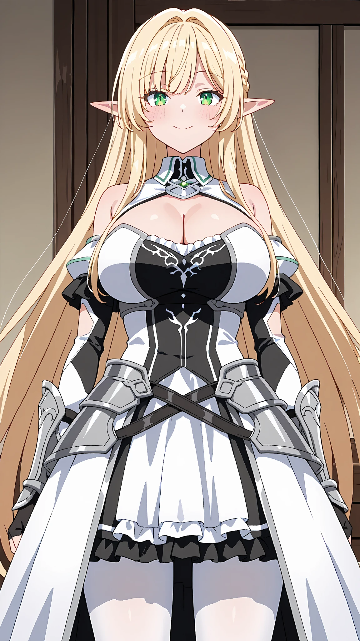 metal plate knight armor, braided white hair, green eyes, pantyhose, big breasts, metal heels, brown skin, metal skirt, serious look, wedding dress
