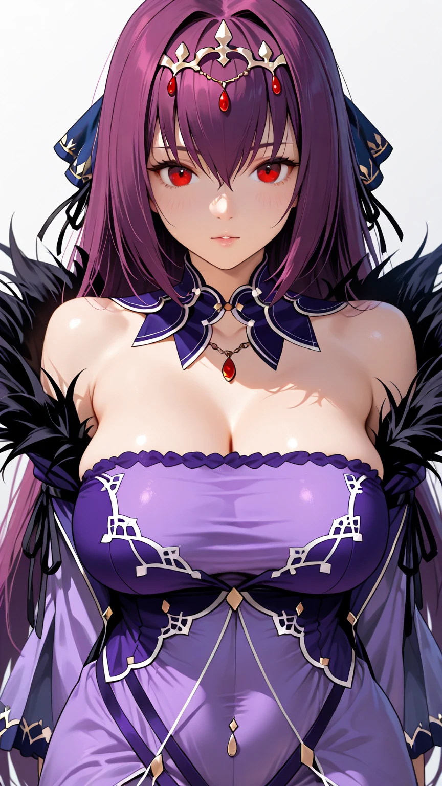 1 vampire, purple hair, Red eyes, Red dress, fancy party, huge breasts