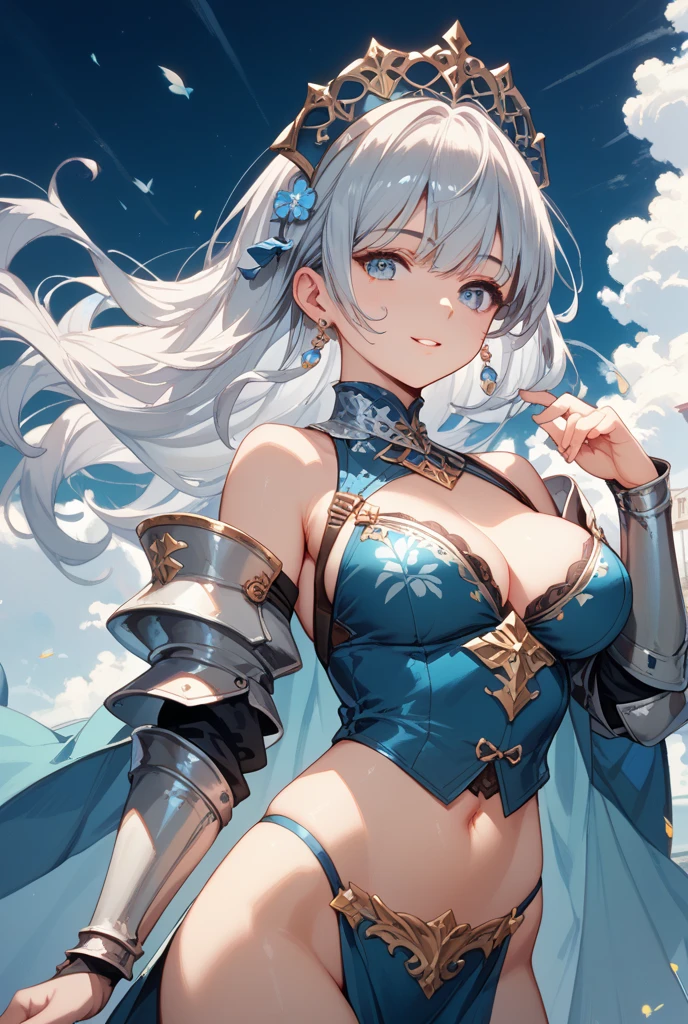 (masterpiece),(best quality),(ultra-detailed),(best illustration),(best shadow),(absurdres),(detailed background),(very aesthetic), Swordmaster, long hair, gray hair, red eyes, perfect face, blue_armor, ((exposed arm)), blue_ornaments, blue_tabard, thong, belt, ((big tits)), exposed belly, smiling, 1girl, legs exposed, strikes, Perfect face, thick thighs, ,add_detail:1, add_detail:0, add_detail:0.5, short skirt, pantyhose,
