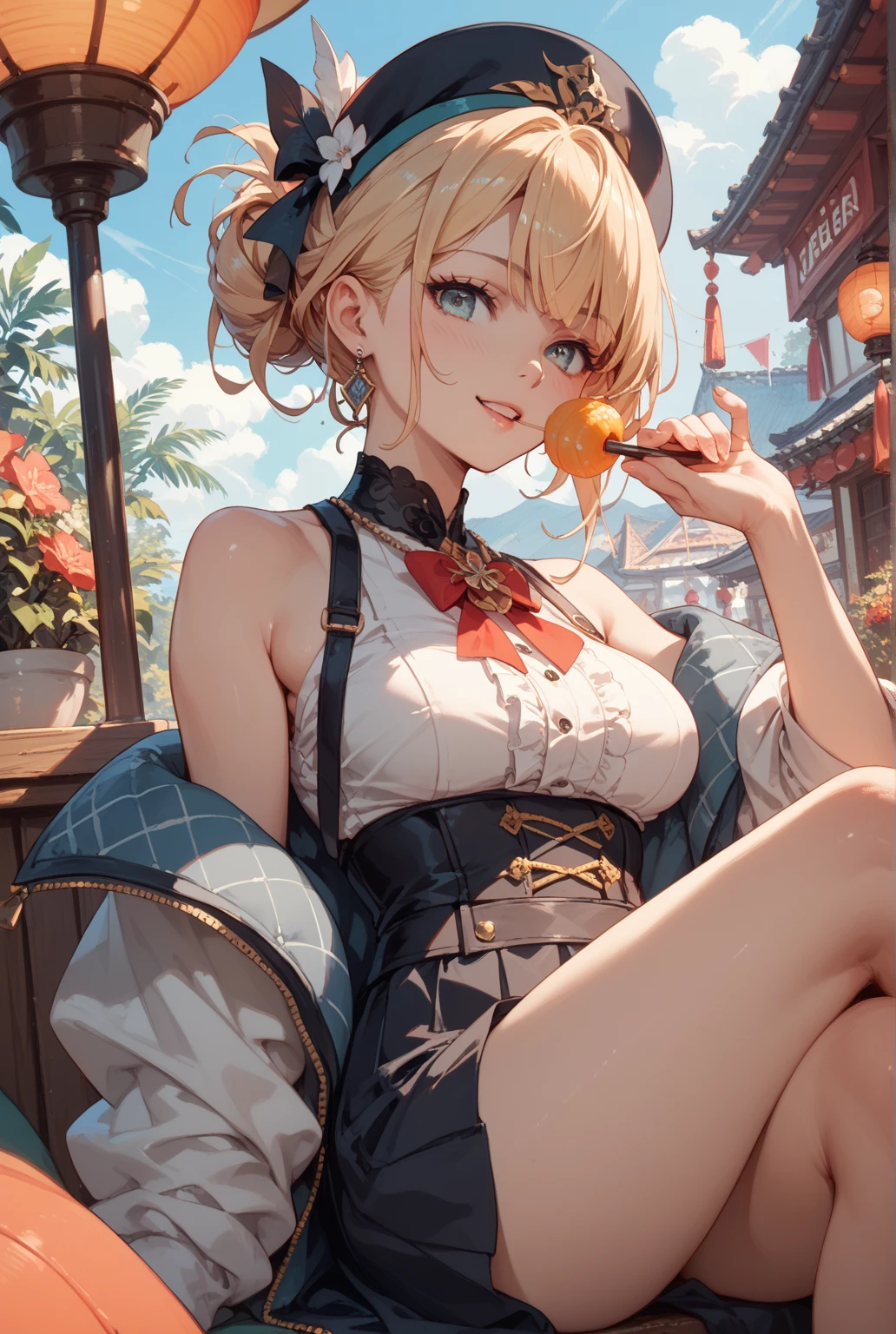Female yakuza. Sit in the throne. Teeange girl. Blonde hair. Tattoos. Green sexy silky yakuza outfit no pants. No bra. No underwear. Flat chest. Yakuza office. Green wall. Japanese calligraphy on the wall. Illegal business. Beautiful teenage face.