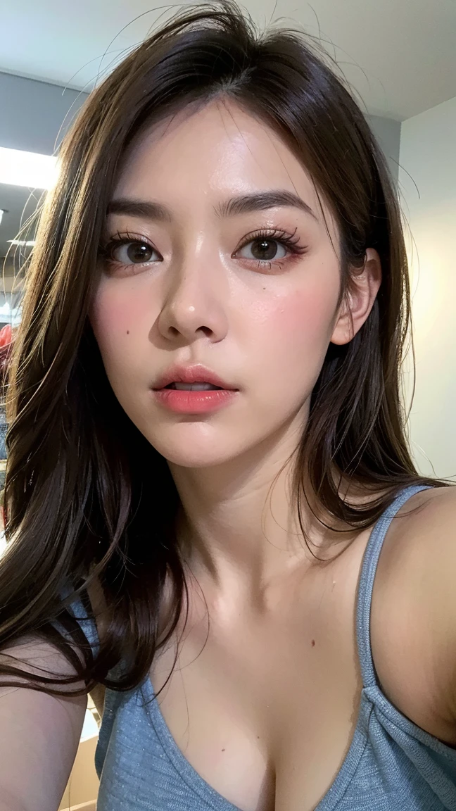 (Realistic, Photorealistic: 1.37), (Masterpiece, Best Quality: 1.2), (Ultra High Resolution: 1.2), (RAW Photo: 1.2, shots on Nikon), (Sharp Focus: 1.3), (Face Focus: 1.37), (Ultra Detailed CG Unified 8k Wallpaper: 1.2), (Beautiful Skin: 1.2), (pale Skin: 1.3), (Hyper Sharp Focus: 1.5), (Ultra Sharp Focus: 1.5), ( Beautiful pretty face: 1.3), (super detailed background, detail background: 1.3), break, very cute and beautiful Japan pictures of woman, (sexy model), professional attire, (22 years old: 1.1), portrait of a girl with a bright smile, upper body image, When viewed from the front, the composition  symmetrical, (Studio lighting: 1.3), (Cinematic lights: 1.3), (backlight: 1.3), dim lighting, lighting that covers the whole body, (looking straight at you, standing:1.3, arms down:1.3, random, model pose), break, (shiny-brown half up thin hair: 1.2), dark brown eyes, upturned eyes, beautiful eyes, princess eyerown hair:1.3)), single hair, bangs, Hair between eyes, Long hair, curby, abs, perfect abs, (gigantic-breast;1.37, big breast:1.37, big cleavage:1.37), (thin waist: 1.15), (detailed beautiful girl: 1.4), (bare shoulder, Chest squeezed together, View viewer, (blue camisole:1.3, black box-long-skirt:1.3, teacher fashion style, attractive look), Solo, Parted lips, pink lips, (shiny skin), sweat, (school room background:1.5), (light seductive smile:1.25), ((Perfect Female Body)), (Upper Body Image:1.3), Frame the Head, Perfect Anatomy, Perfect Proportions, 8.5 Life-Size, Face Focus, Ultra Realistic Photo, Hyper Sharp Image, Hyper Detail Image,
