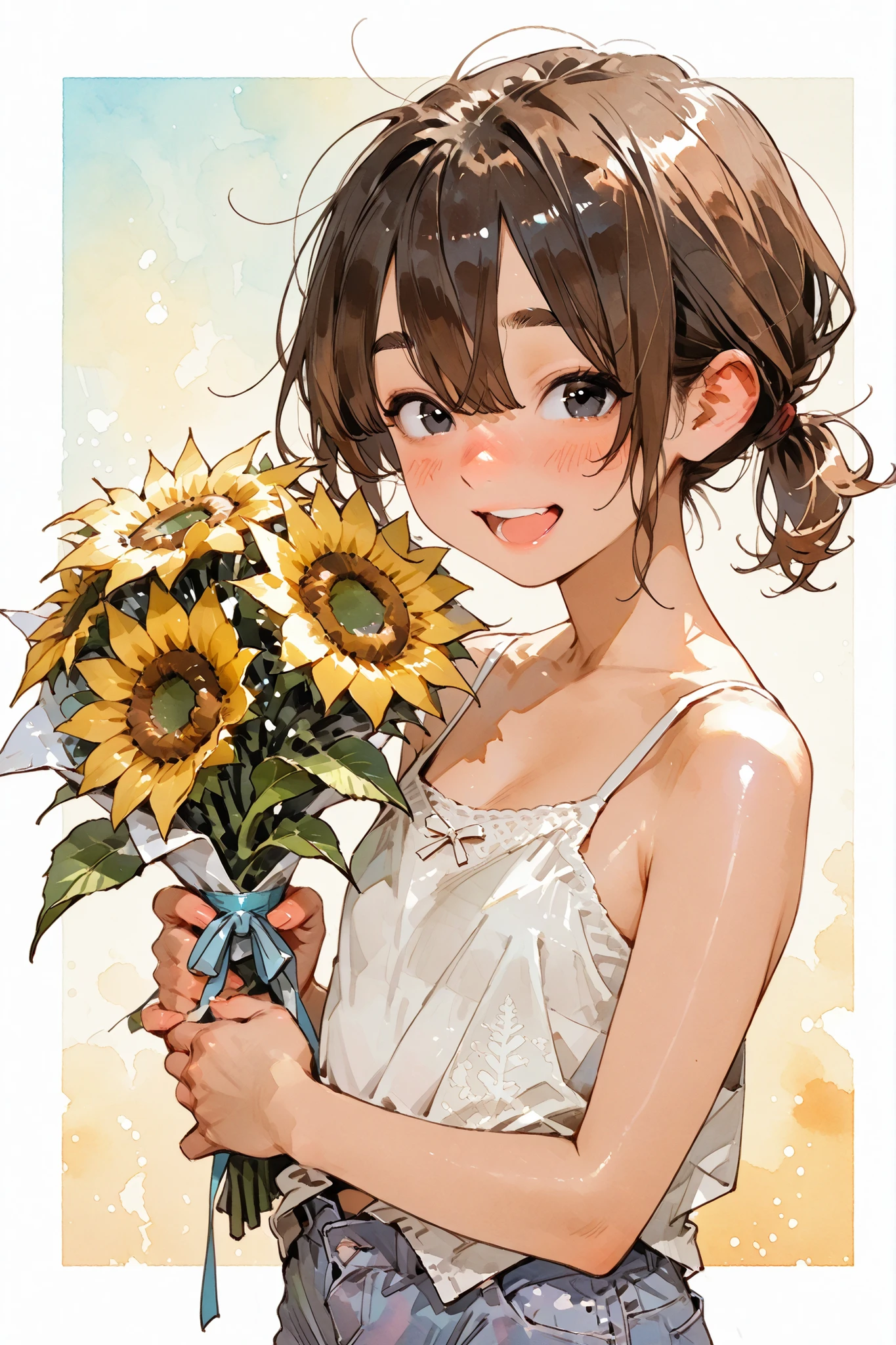Sunflower and girl,
1girl,Super Detailed,absolute resolution,(dynamic angles),(tanned skin:0.5),(portrait),(pinup),high angle,
((Holding very large bouquet of sunflowers in both hands)),
white Spaghetti Strap Camisole,(untucked camisole:1.3),skyblue  Bermuda shorts,,
detailed and beautiful face and eyes,black eyes,,(Freckles:0.7),(Thick lips:0.5),[chapped lips],((Thick eyebrows)),Japanese girl,flat chest,(round nose:0.5), 
brown hair,low ponytail,short ponytail,choppy bangs,hair over both eyes,(messy hair:0.7), 
(blush:0.8),(nose blush:0.8),laughing,watercolor Background,Watercolor anime,


