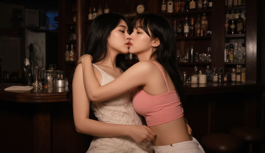 Girl with pigtails kisses a girl with long hair 